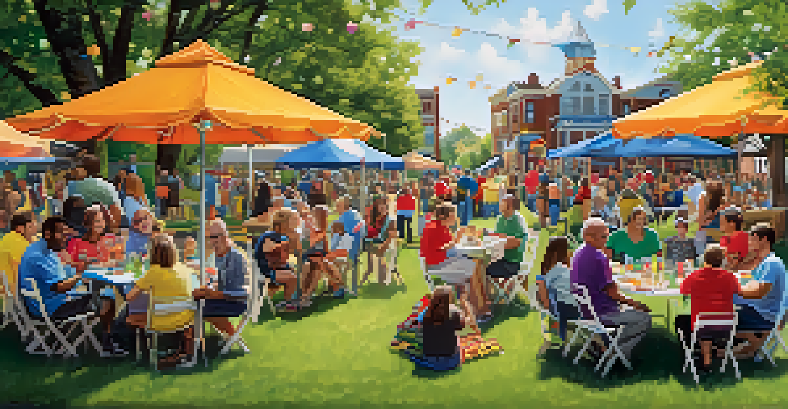 A lively neighborhood celebration in a park with residents enjoying games, live music, and food, surrounded by colorful decorations and banners.
