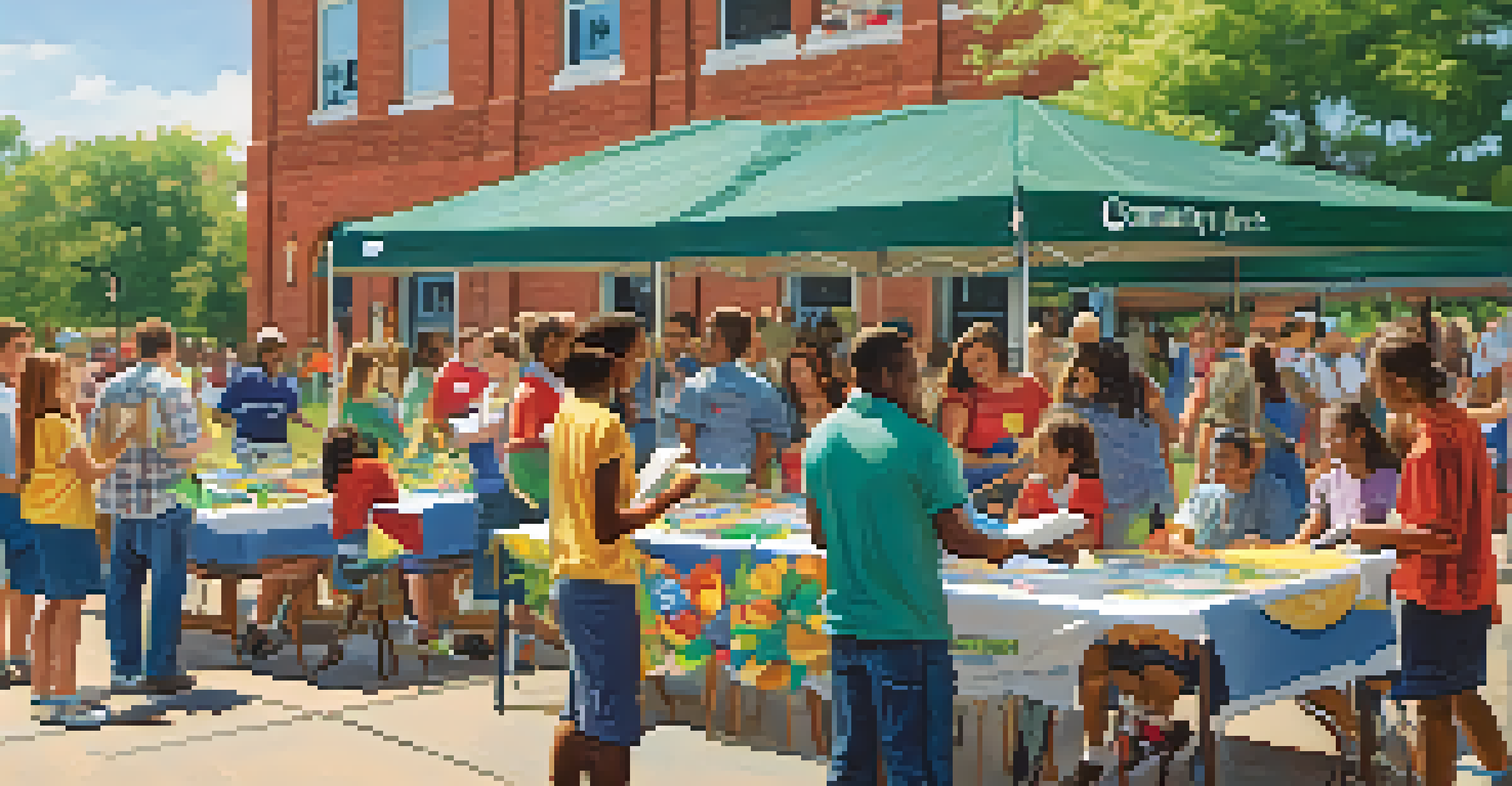 A lively outdoor community event with students and local business leaders collaborating on educational projects, under a sunny sky.