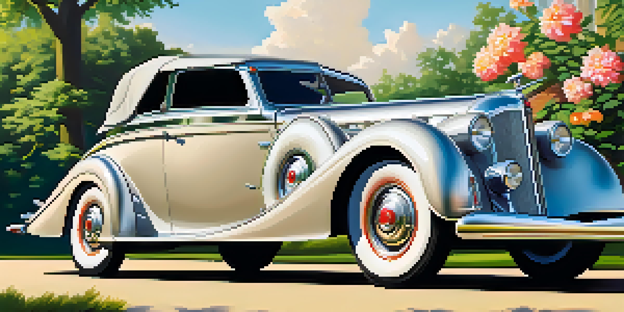 A restored 1937 Pierce-Arrow Silver Arrow parked in front of the Buffalo Transportation Museum, with flowers and trees around it.