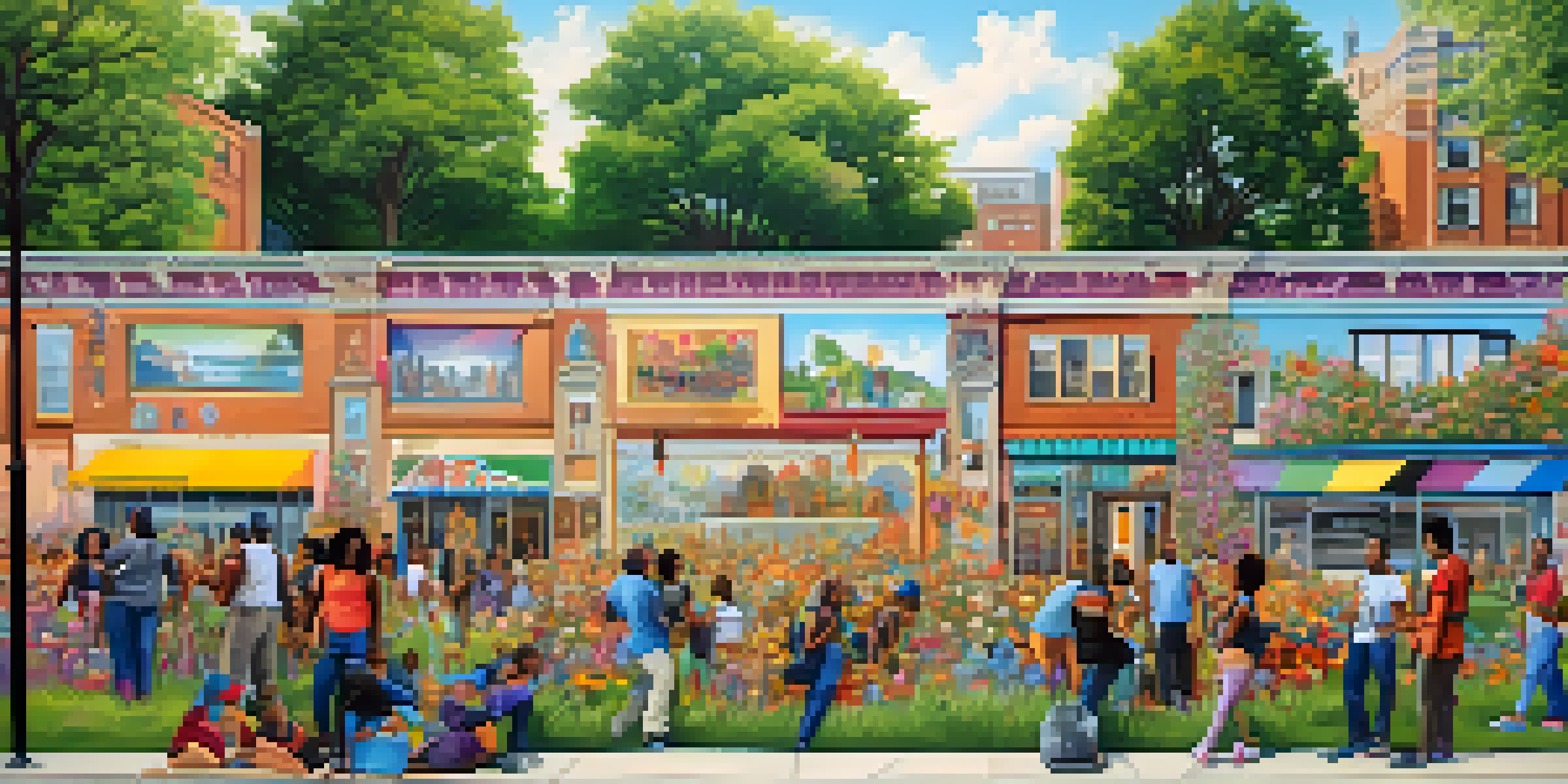A colorful mural illustrating a diverse community in Buffalo, featuring people engaged in various activities amidst a lively urban backdrop.