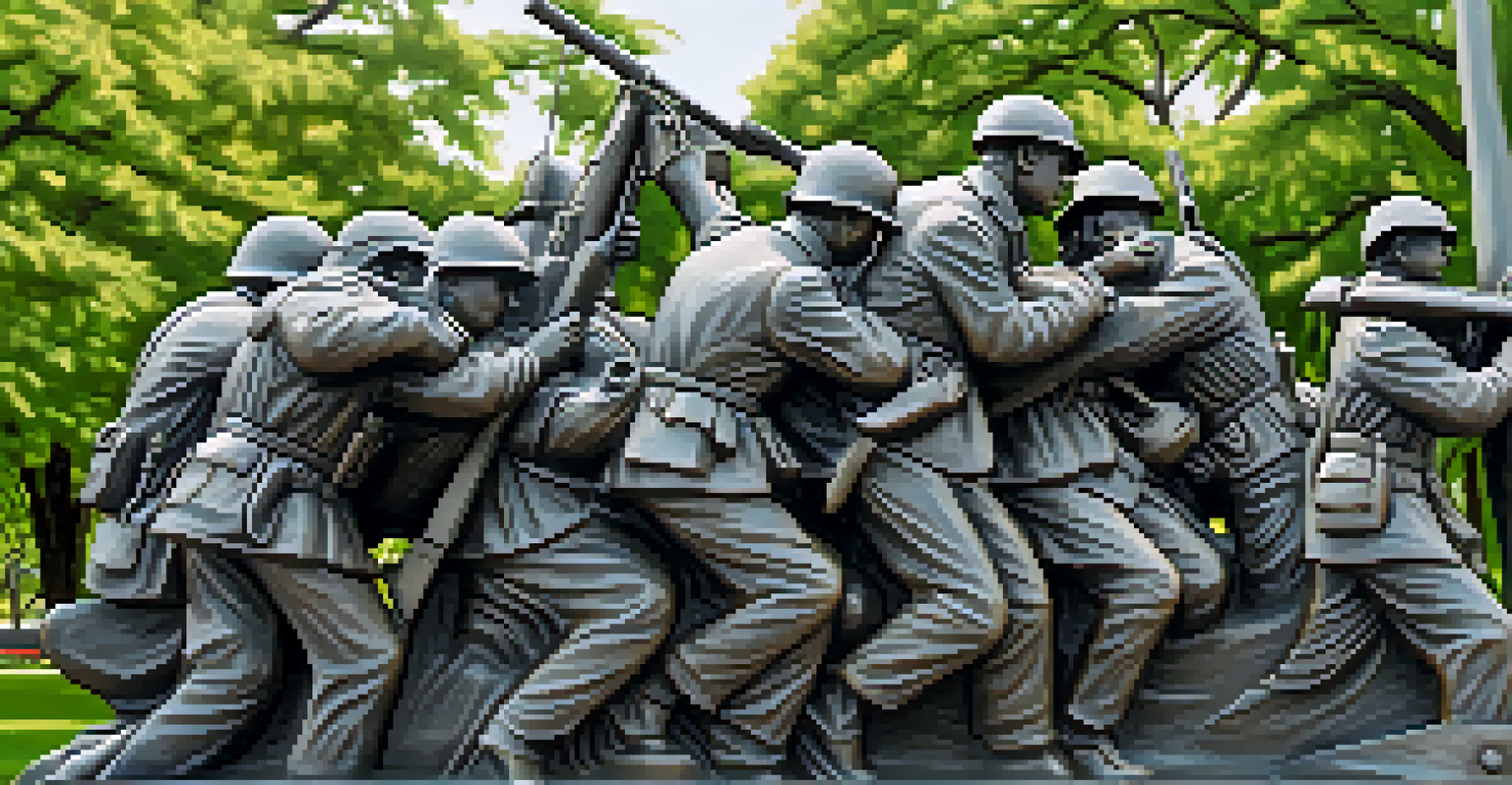 A detailed view of the Korean War Veterans Memorial, showcasing a sculpture of soldiers amidst greenery.