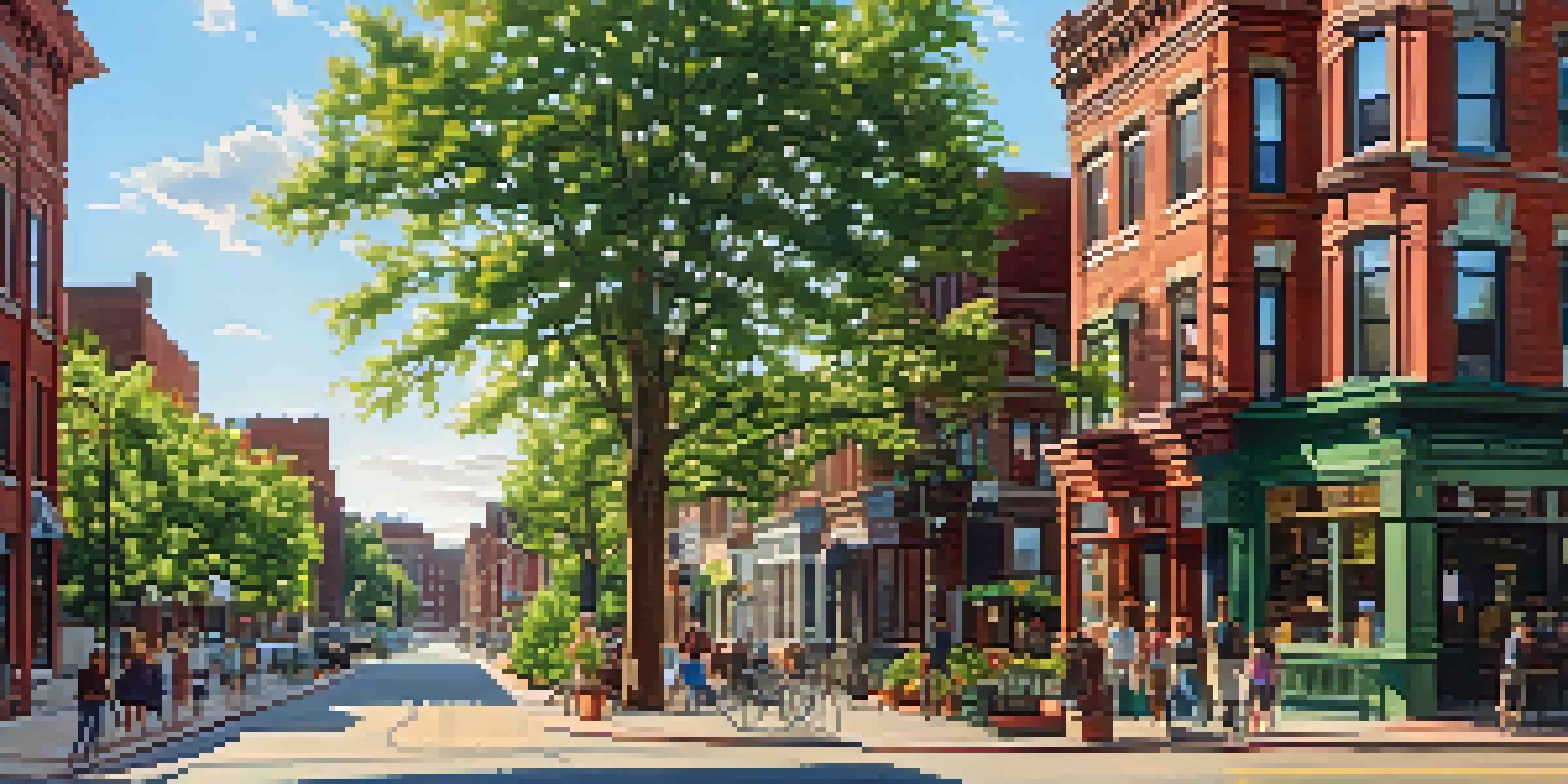 A picturesque street in Buffalo featuring preserved historical buildings, with sunlight shining and people walking.