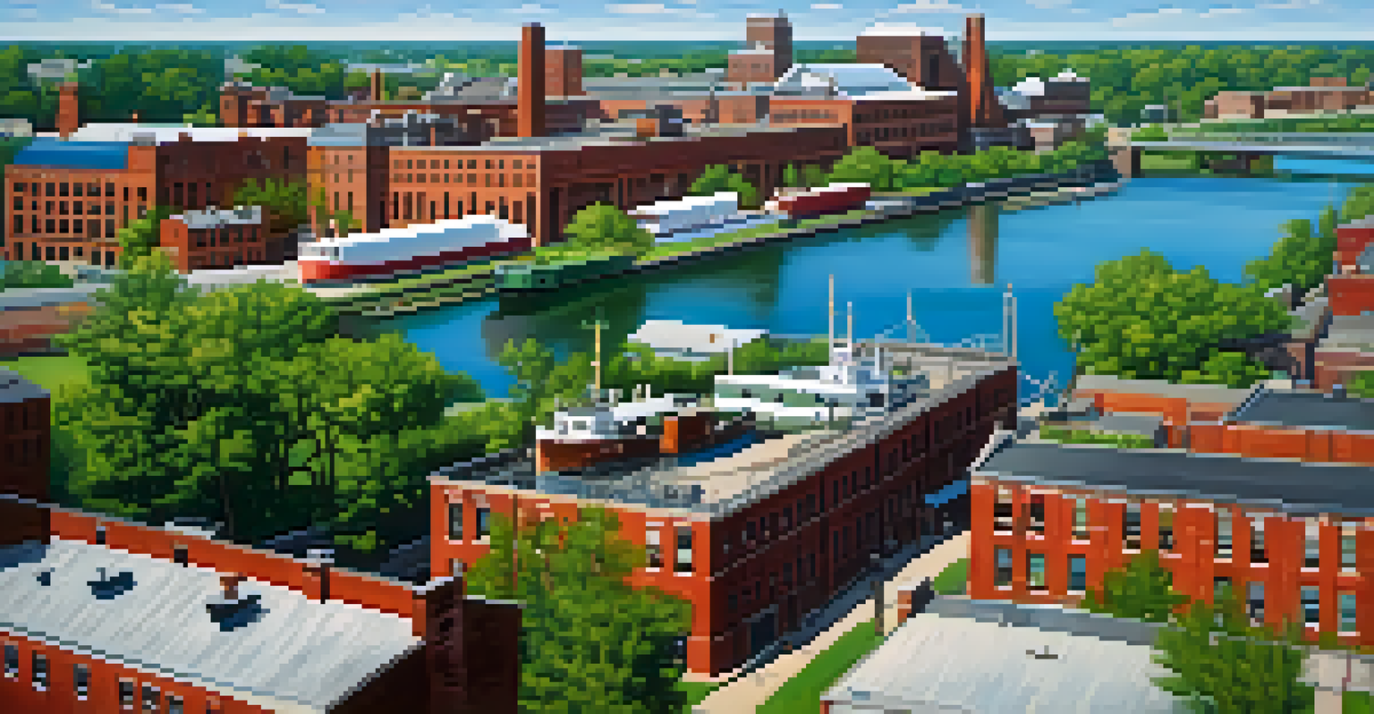 An aerial view of the Erie Canal in Buffalo with boats, greenery, and industrial buildings.