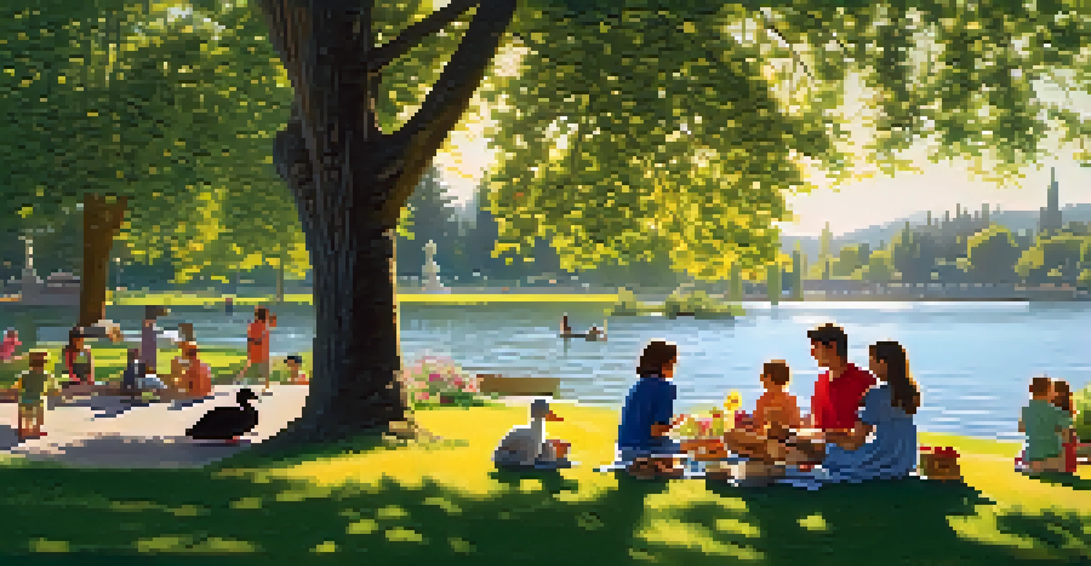 Families having a picnic by Como Lake, with ducks in the water and blooming gardens.