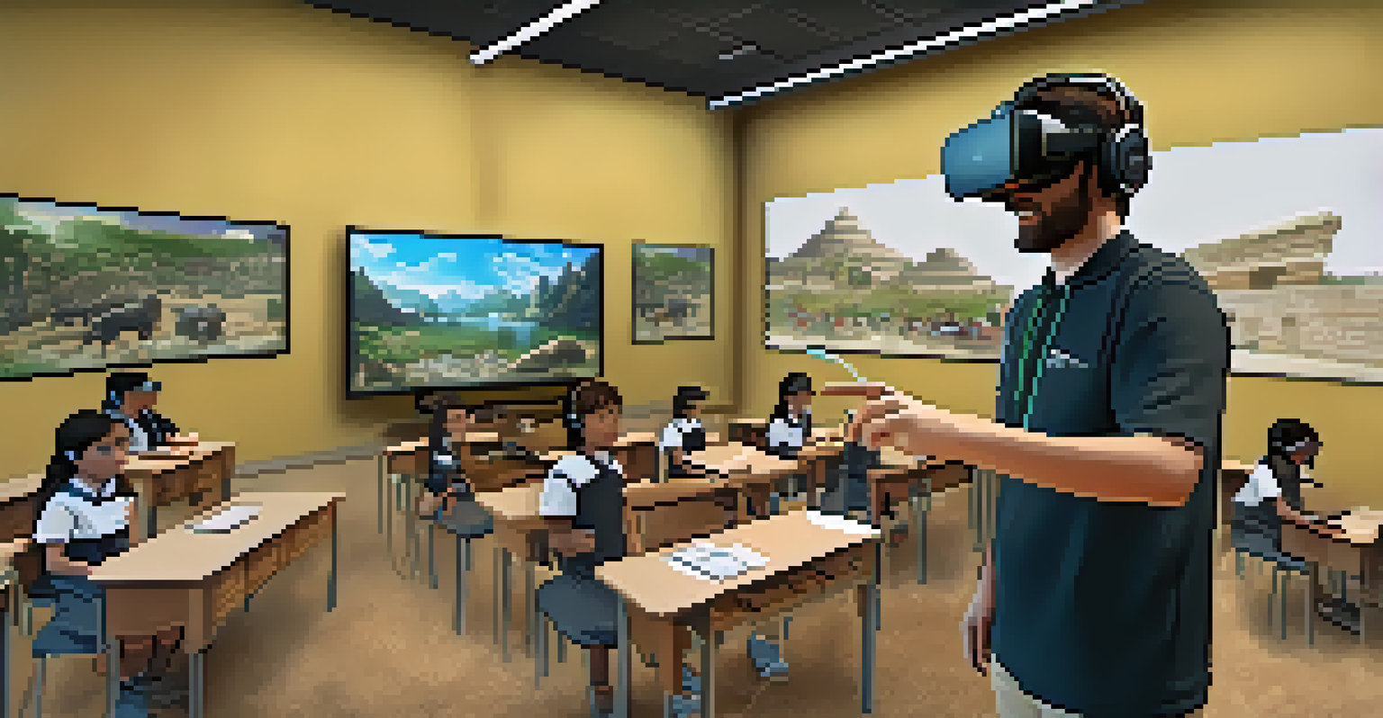 A teacher guiding students wearing VR headsets in a classroom, showcasing a virtual lesson on ancient civilizations with modern technology in the background.