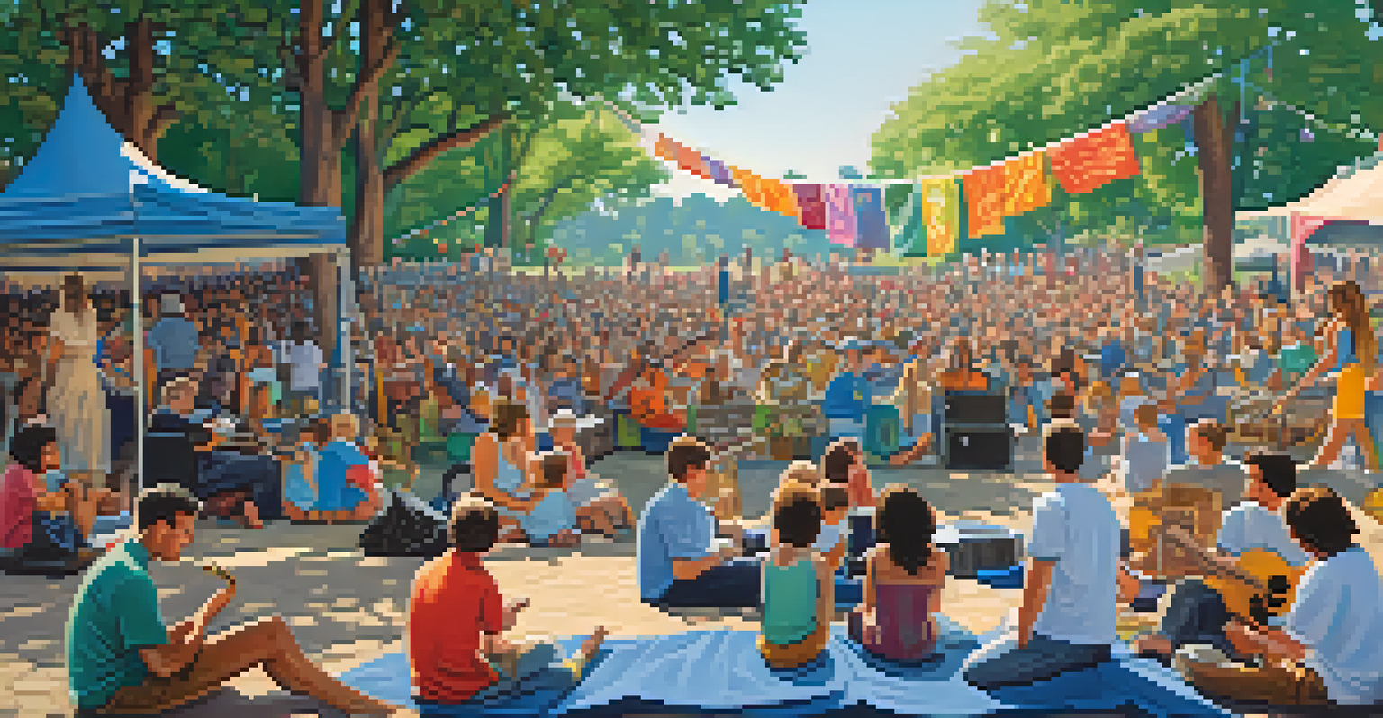 An outdoor folk music festival with musicians performing on stage and an audience enjoying the music under a clear sky.