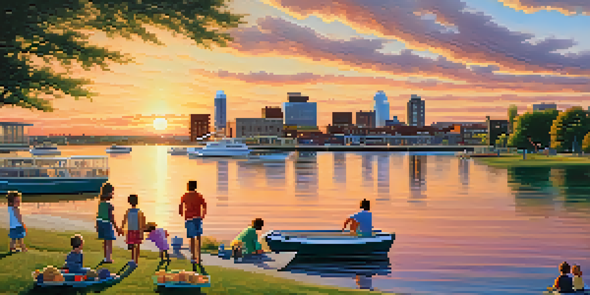 A family enjoying a picnic on the grass by Buffalo's waterfront during sunset, with the city skyline and boats in the background.