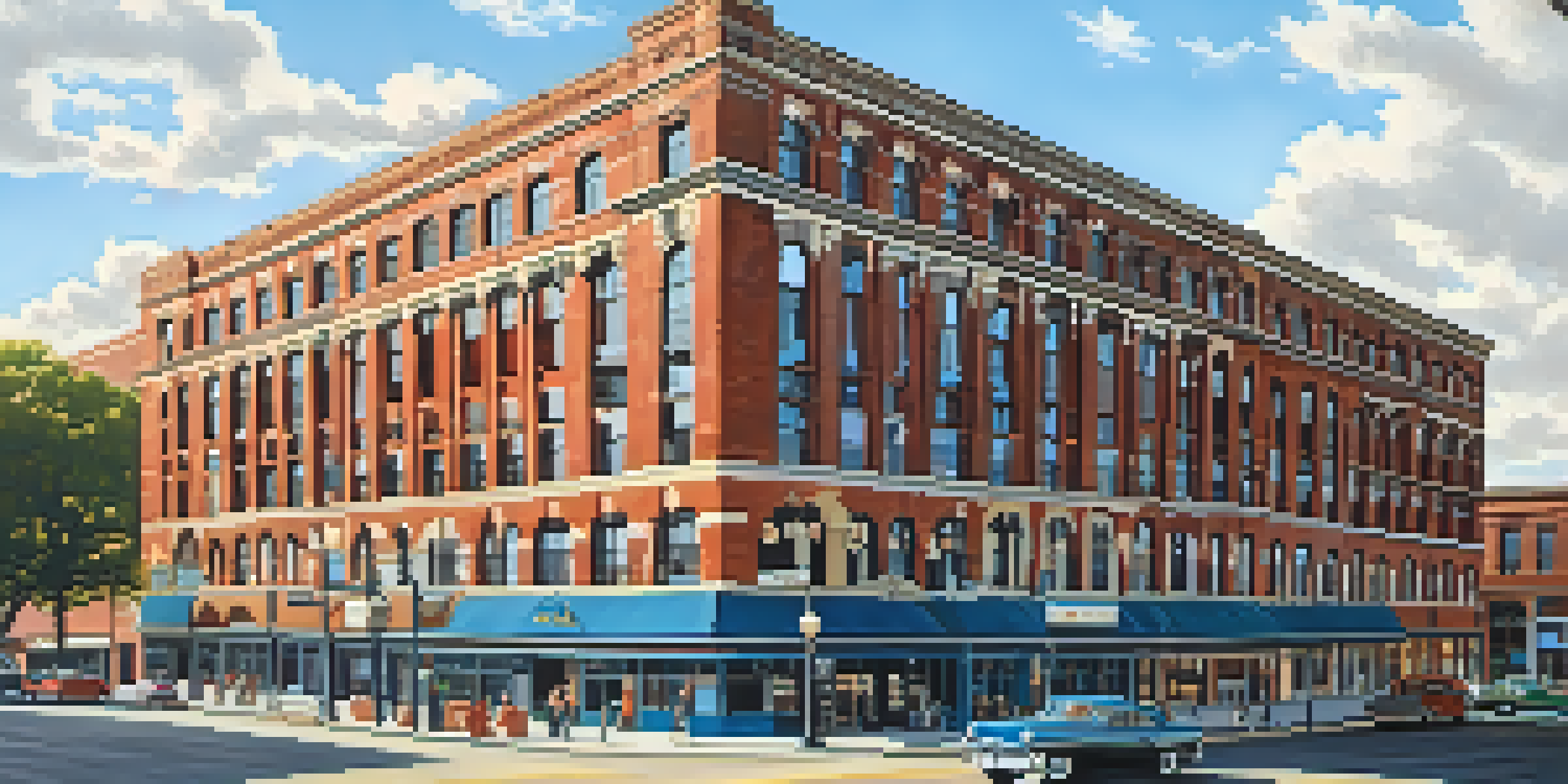 A historic building transformed into a stylish hotel, showcasing a mix of architectural styles with bustling street activity and bright sunlight.