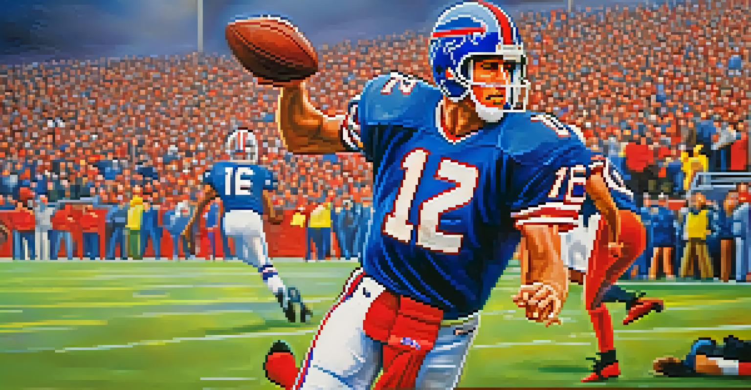 A portrait of Jim Kelly in action on the football field, showcasing his athleticism with stadium lights and cheering fans in the background.
