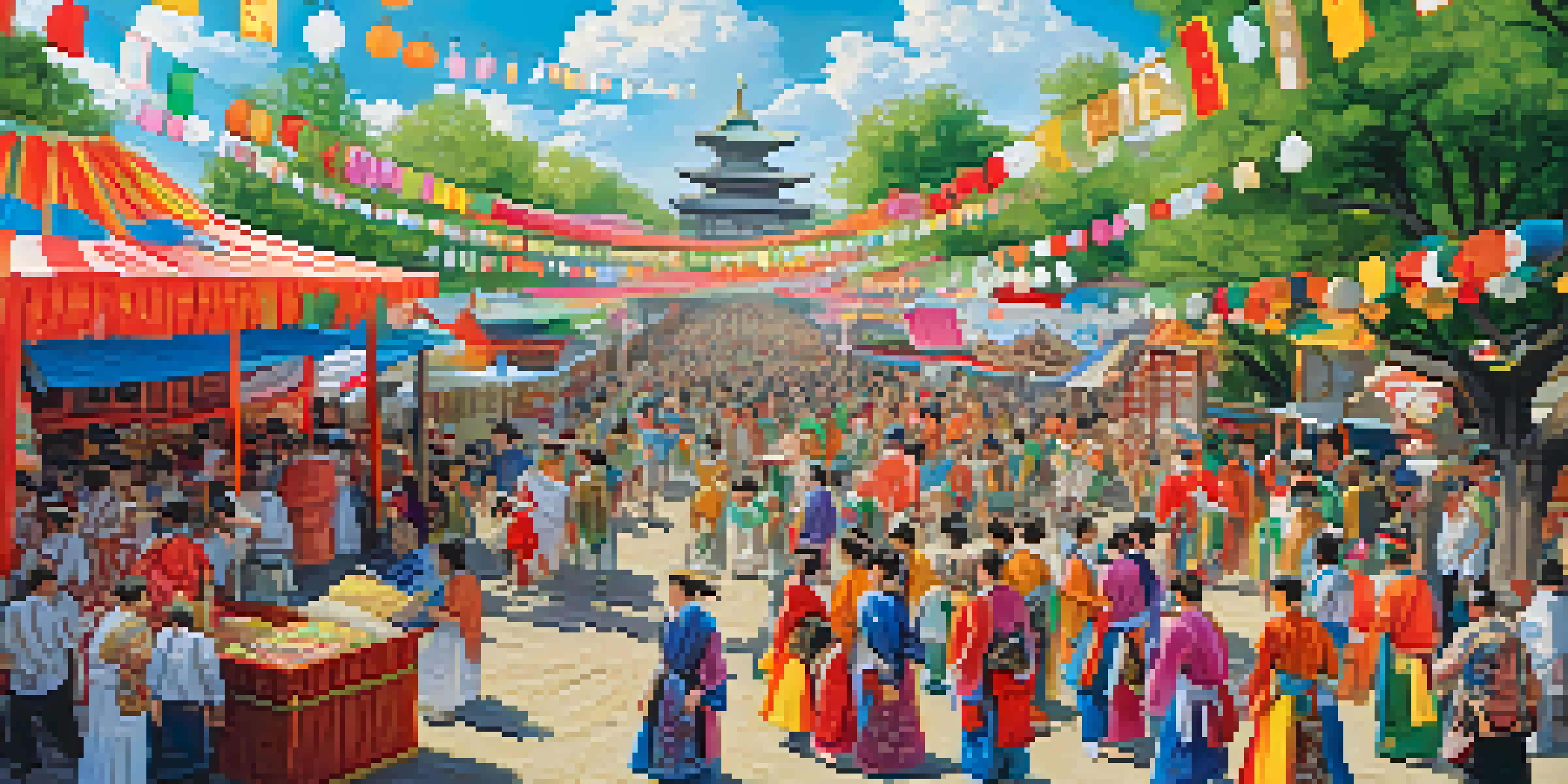 A lively cultural festival in Buffalo with traditional Japanese and Hungarian elements, featuring colorful banners, people in traditional attire, and a festive atmosphere.