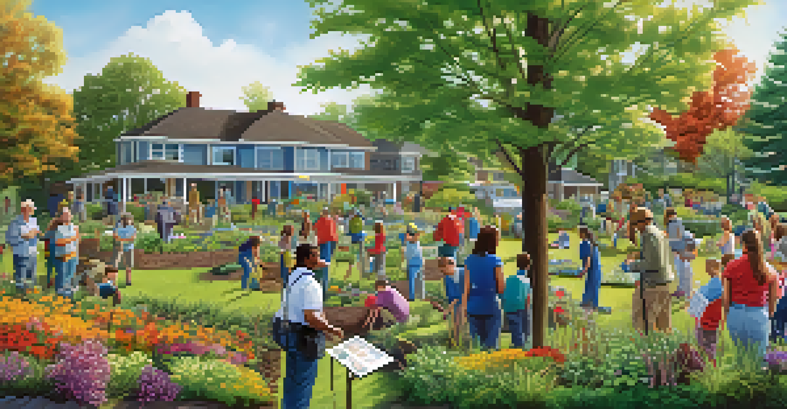 Community members participating in a wildlife conservation event by planting native species in a garden, set against a backdrop of greenery and blue sky.