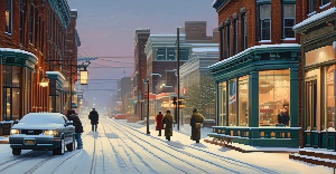 A winter scene in Buffalo with snow-covered streets, historic buildings, and people walking with dogs.