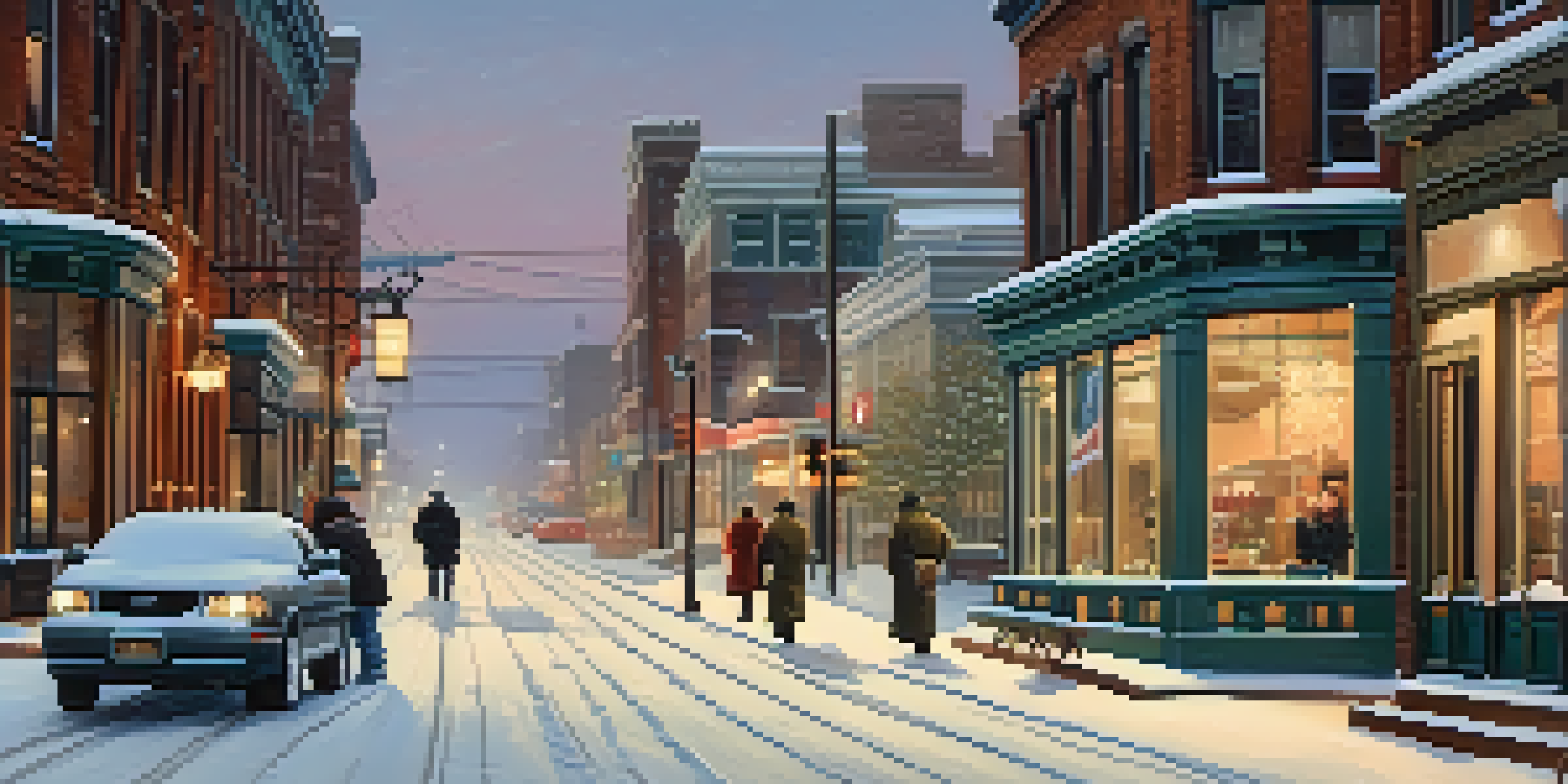 A winter scene in Buffalo with snow-covered streets, historic buildings, and people walking with dogs.