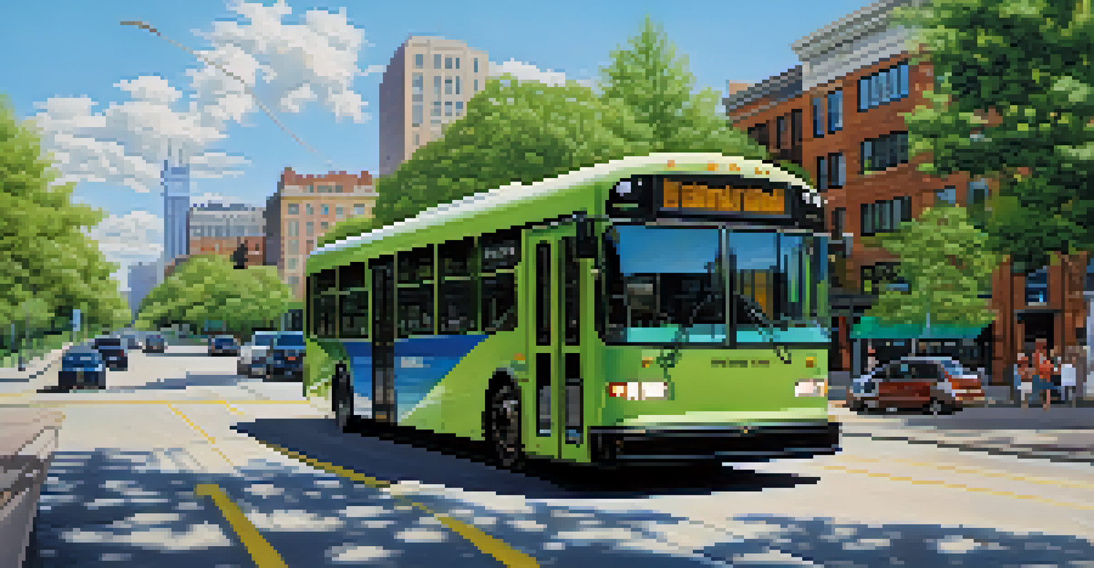 A modern electric bus driving through a tree-lined street in Buffalo, surrounded by greenery and buildings.
