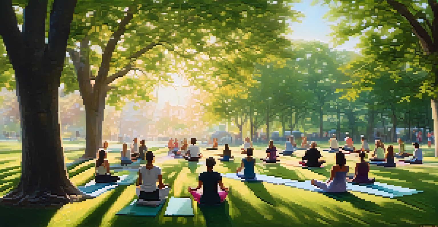 A group of diverse individuals practicing yoga in a sunny park surrounded by trees and flowers.