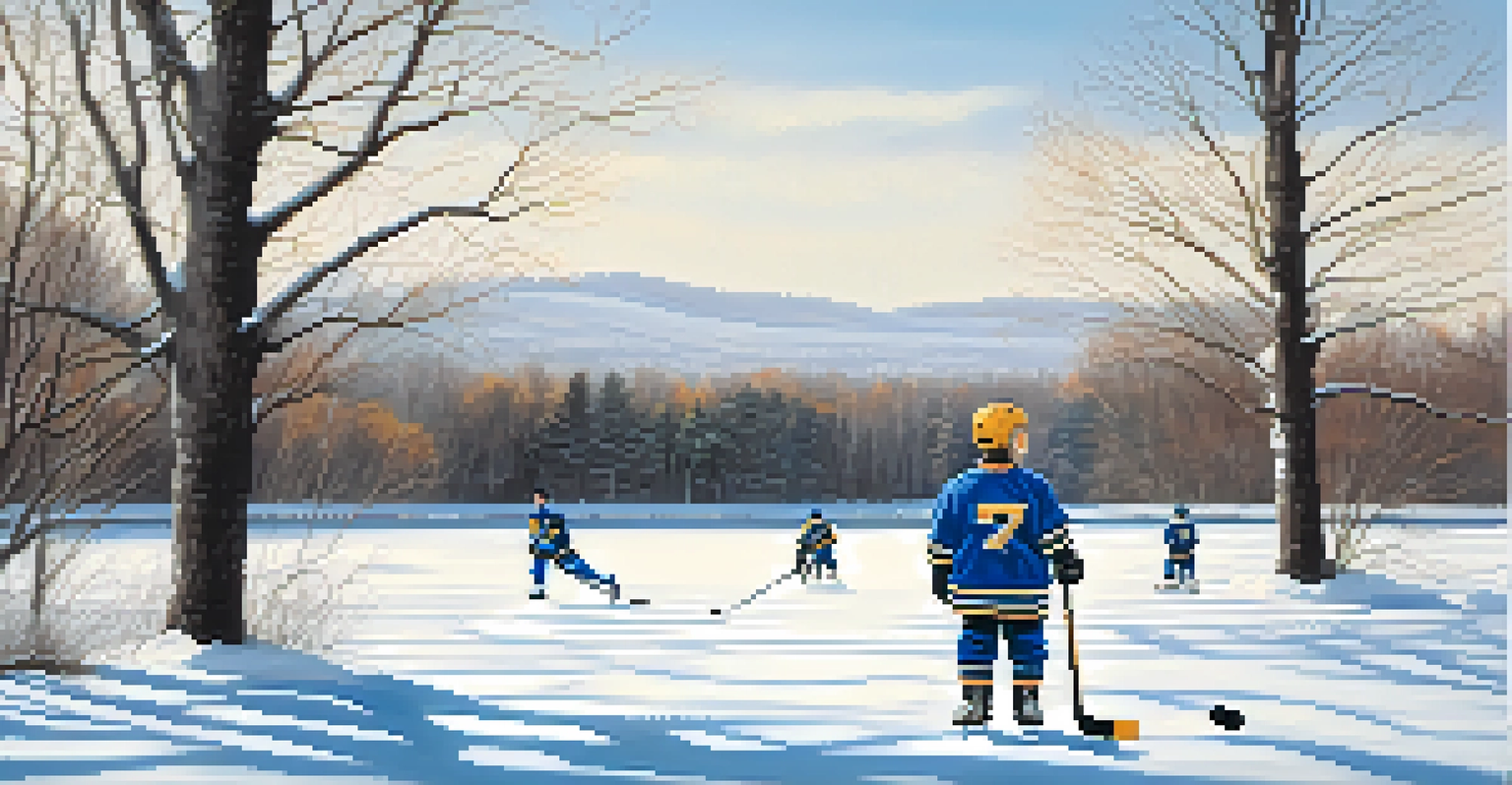 A young hockey player practicing on a frozen pond in Buffalo, wearing a Sabres jersey in a winter landscape.
