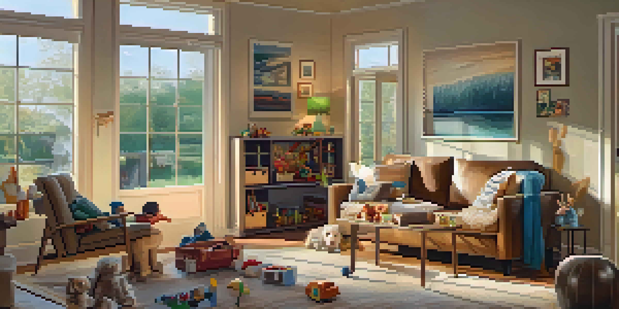 A warm and inviting living room of a safe house, filled with comfortable furniture, toys, and bright artwork, illuminated by natural light.