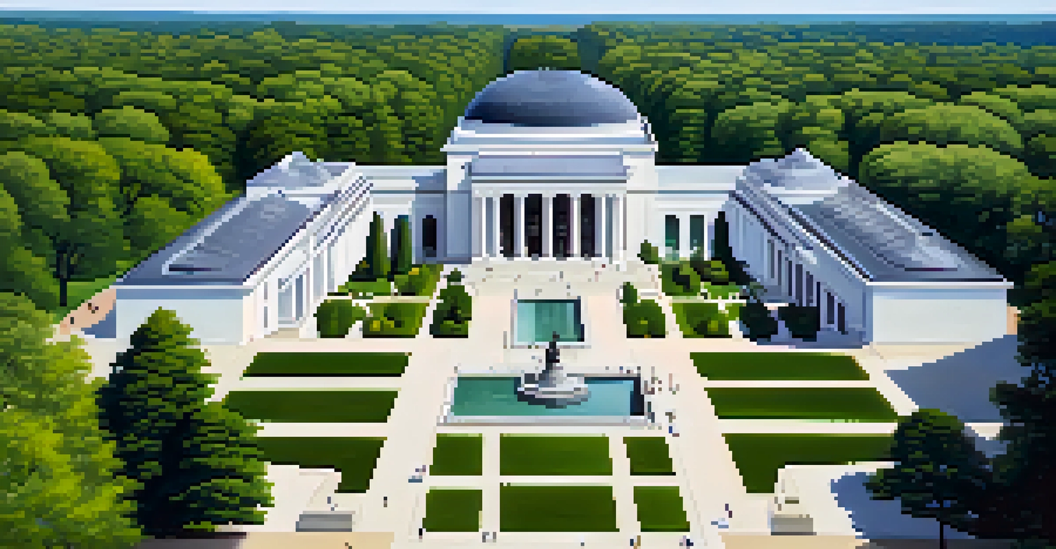 Aerial view of Albright-Knox Art Gallery with gardens and visitors, showcasing modern architecture amidst greenery.