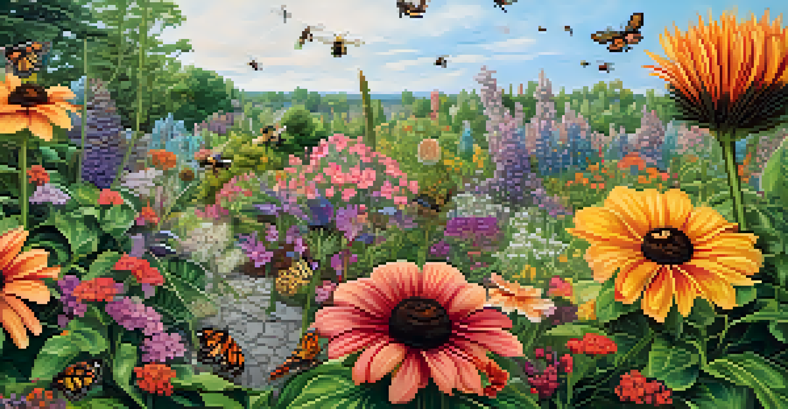 Close-up of a pollinator garden with bees and butterflies on colorful flowers, emphasizing biodiversity in an urban setting.