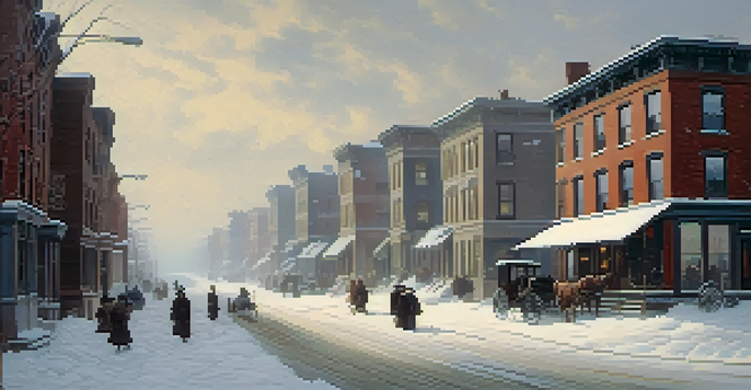 A snow-covered street in Buffalo during the Great Blizzard of 1888, with tall snow drifts around houses and people struggling through the snow.