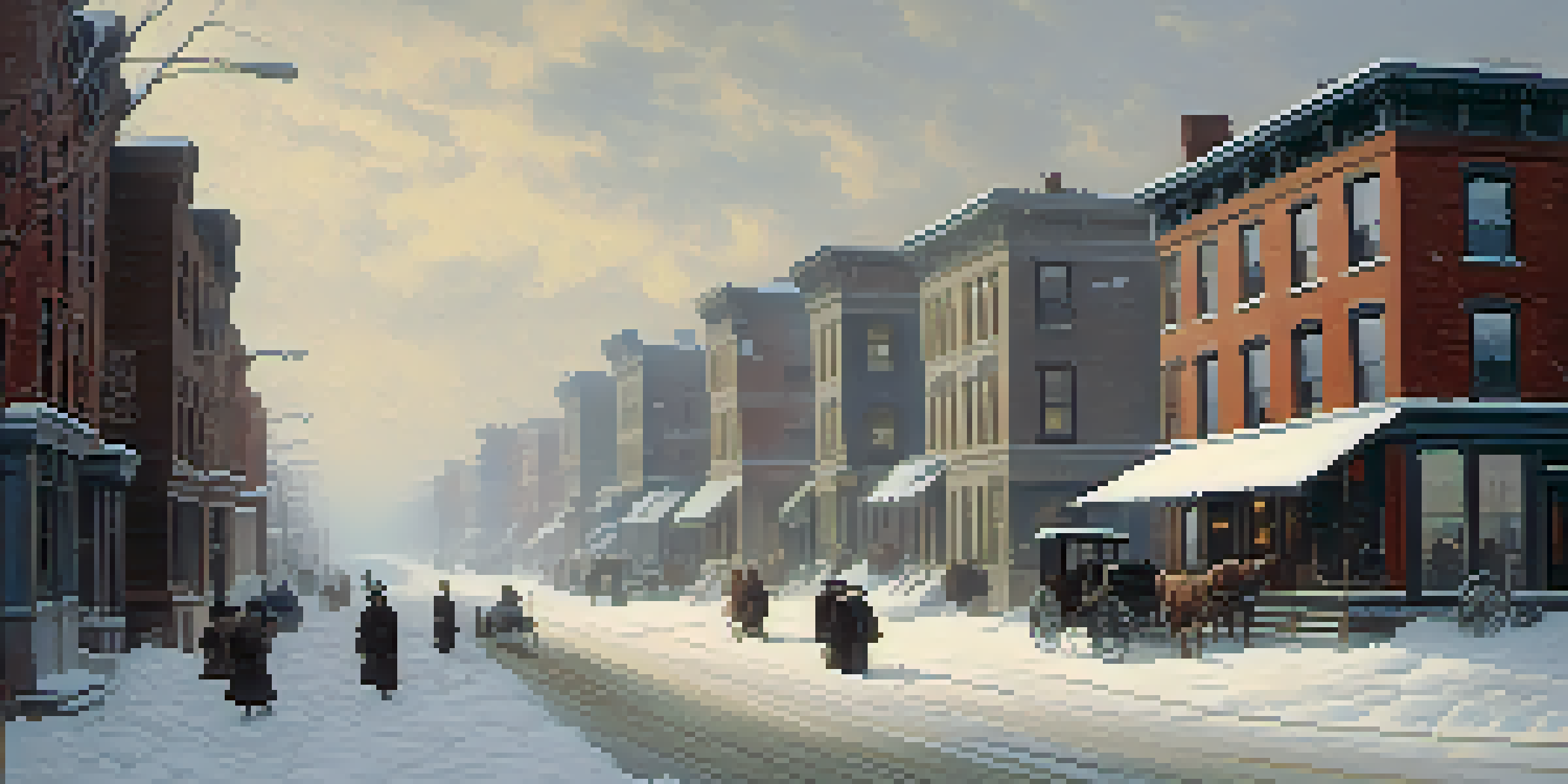 A snow-covered street in Buffalo during the Great Blizzard of 1888, with tall snow drifts around houses and people struggling through the snow.