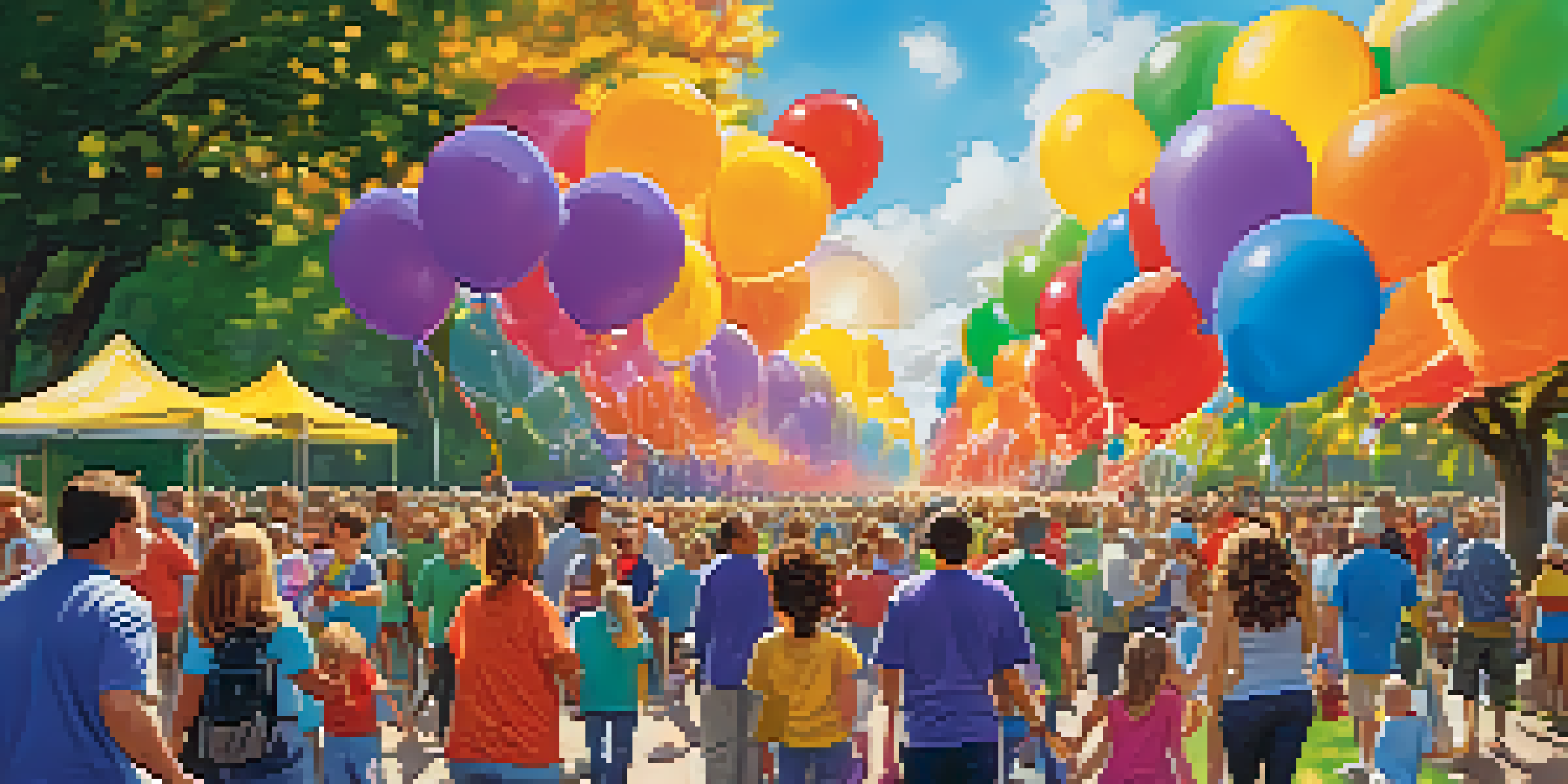 A community gathering at Buffalo's Walk for Wishes event with families and friends walking together in a park filled with colorful balloons and banners.
