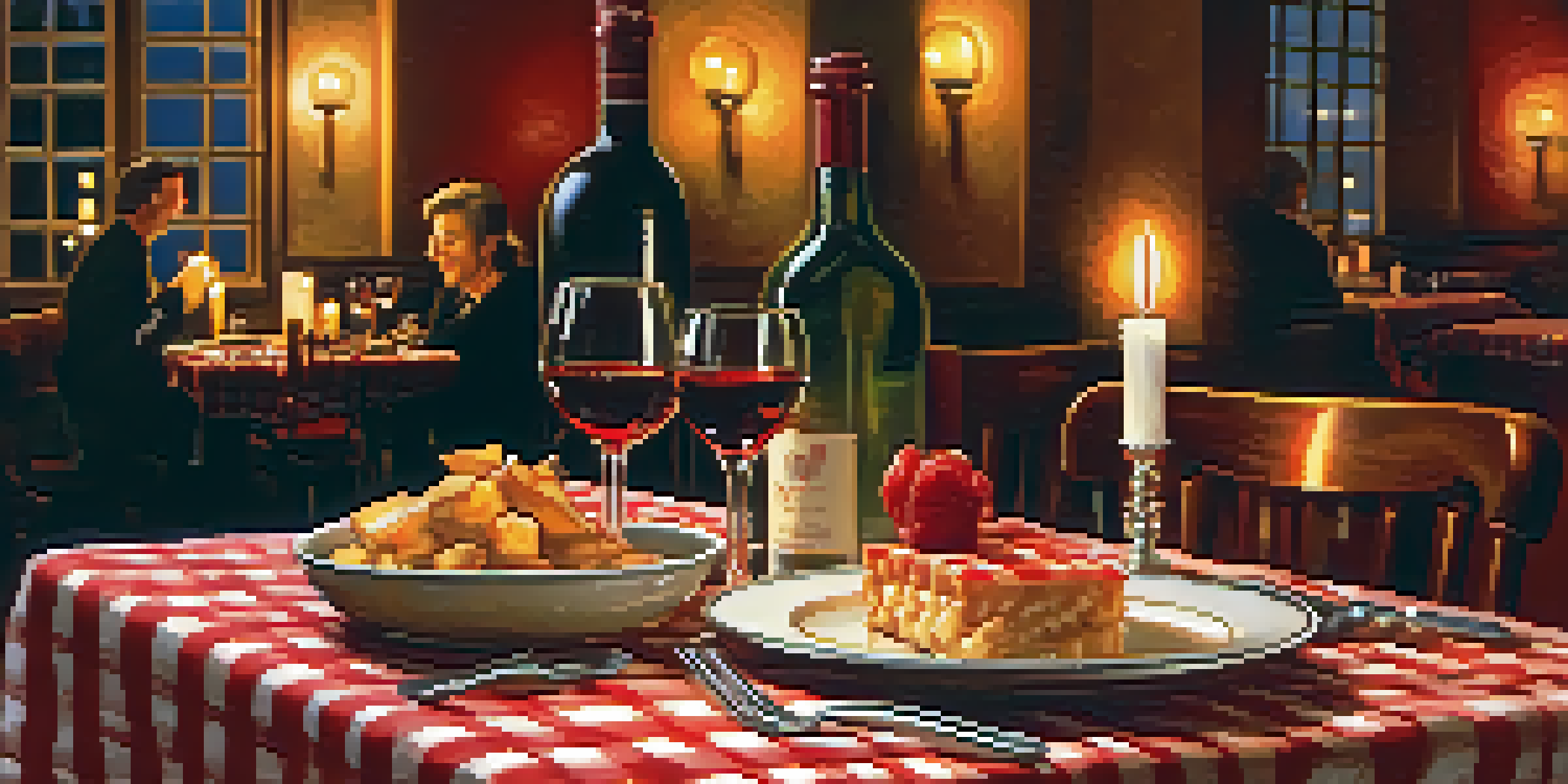 A romantic dining table for two in a cozy restaurant, set with candles and a wine bottle, with a warm and inviting atmosphere.