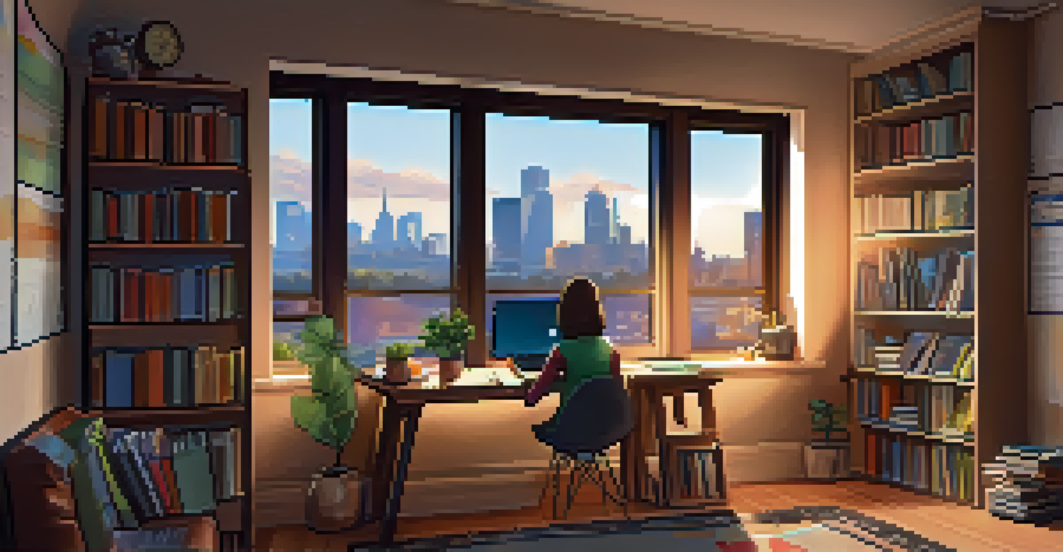 An adult learner at home using a laptop for online education, surrounded by books in a cozy room with a view of Buffalo's skyline.