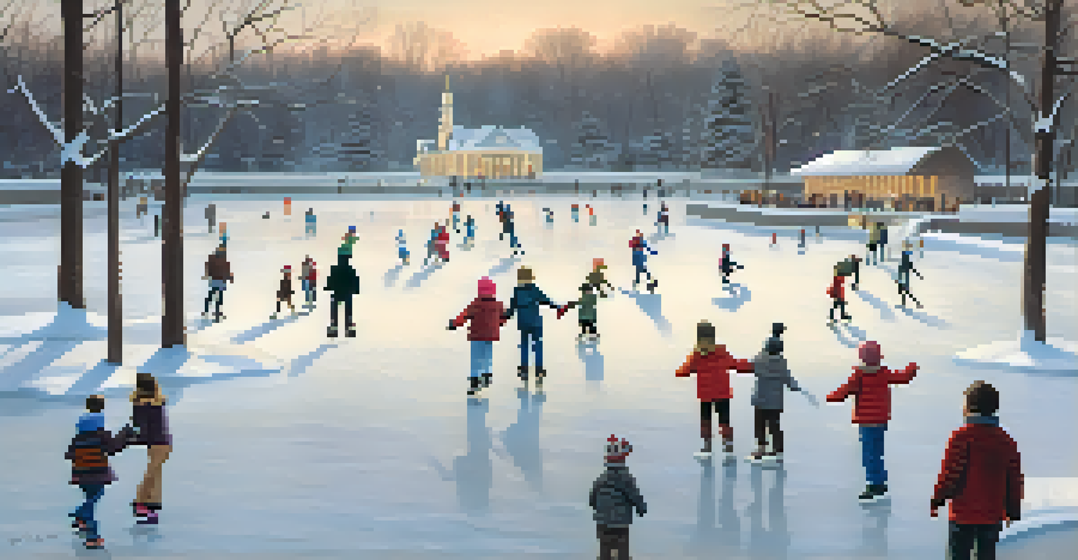 People ice skating on a frozen pond in a Buffalo park, with children playing in the snow.