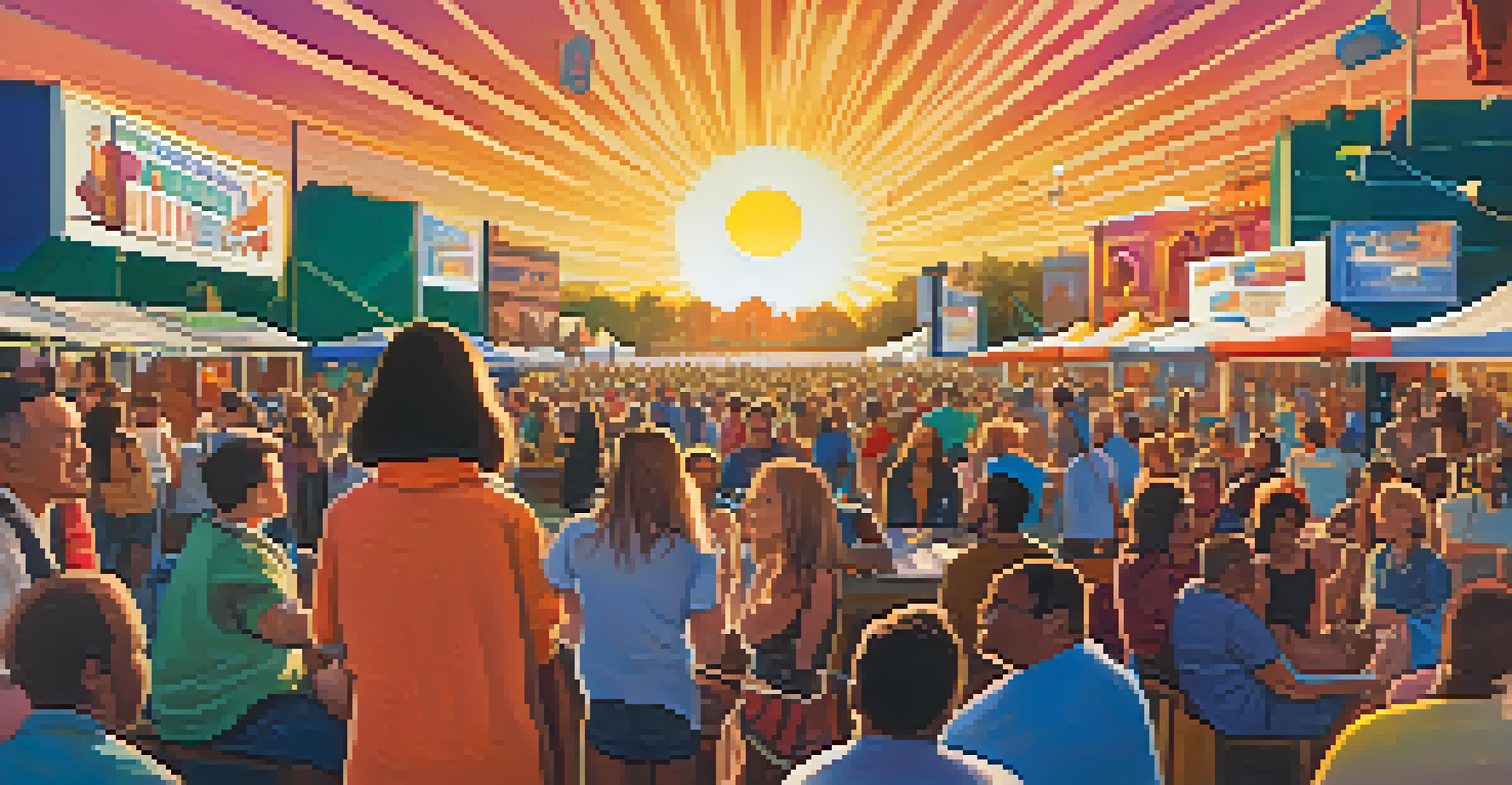 A film festival in Buffalo with filmmakers and audience members discussing films under a sunset.