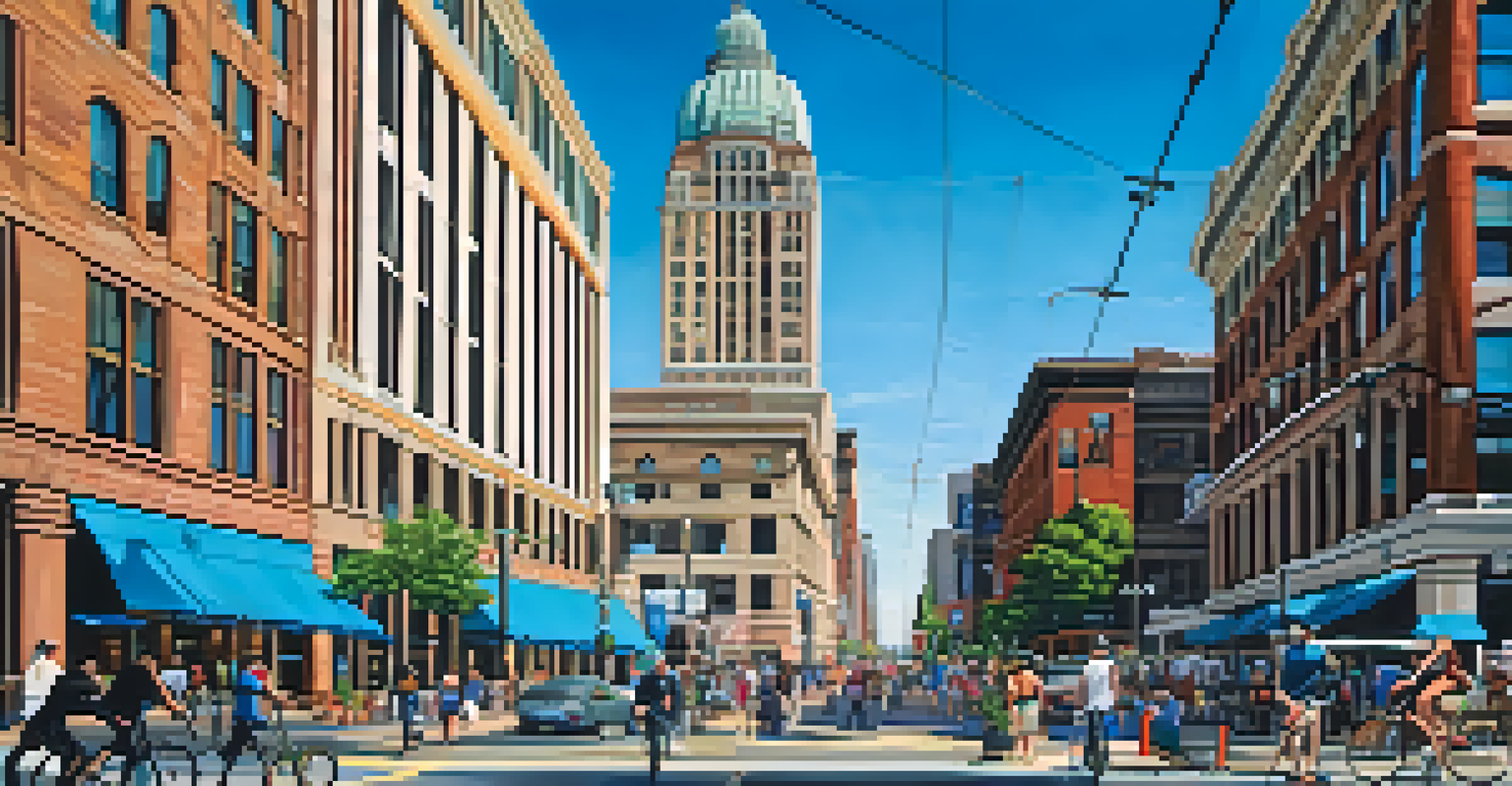 A lively street scene in downtown Buffalo with the Electric Tower and U.S. Courthouse in view, filled with people and colorful storefronts.