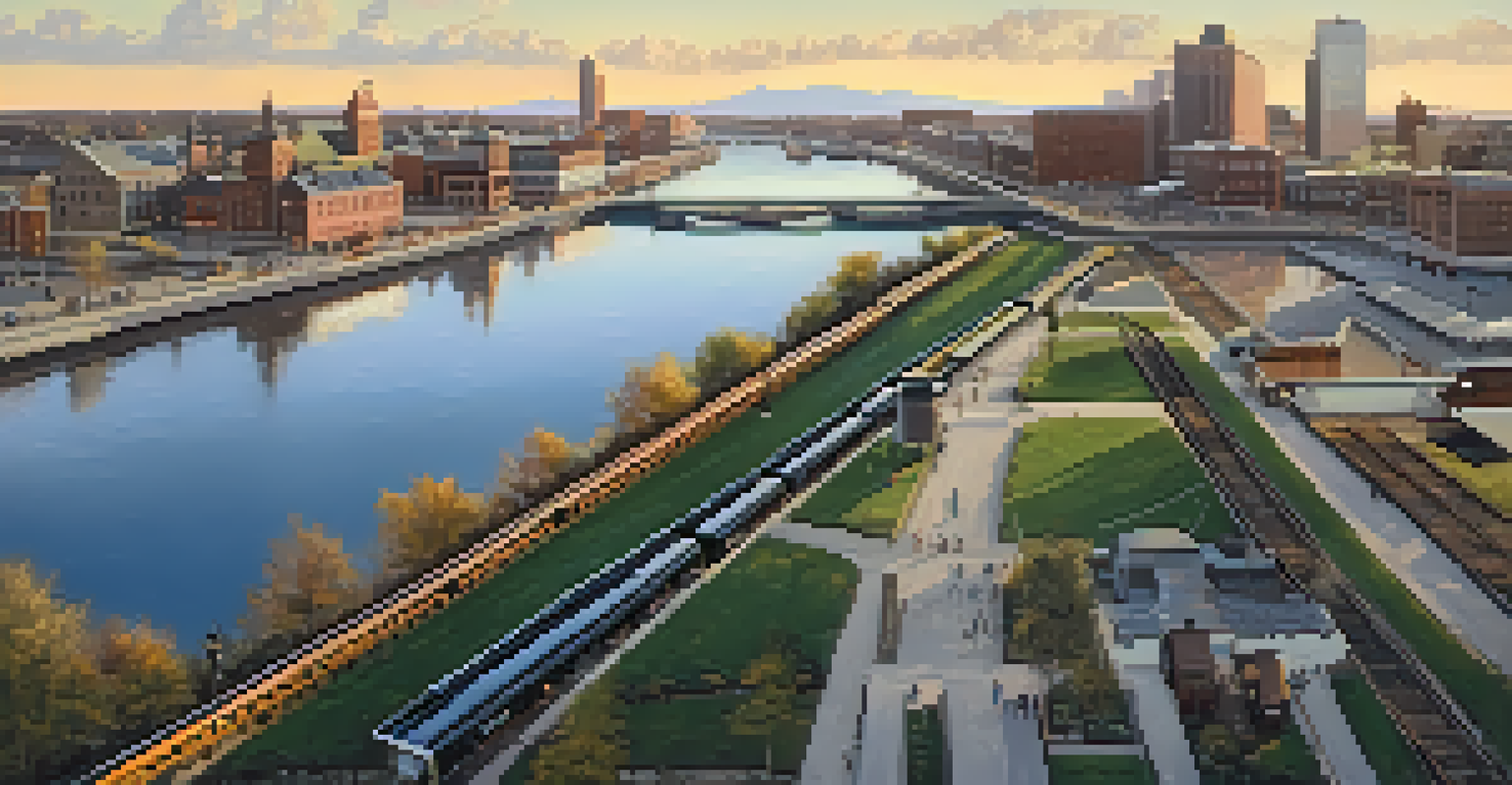 An aerial view of the Erie Canal in Buffalo with boats and railroad tracks during sunset.