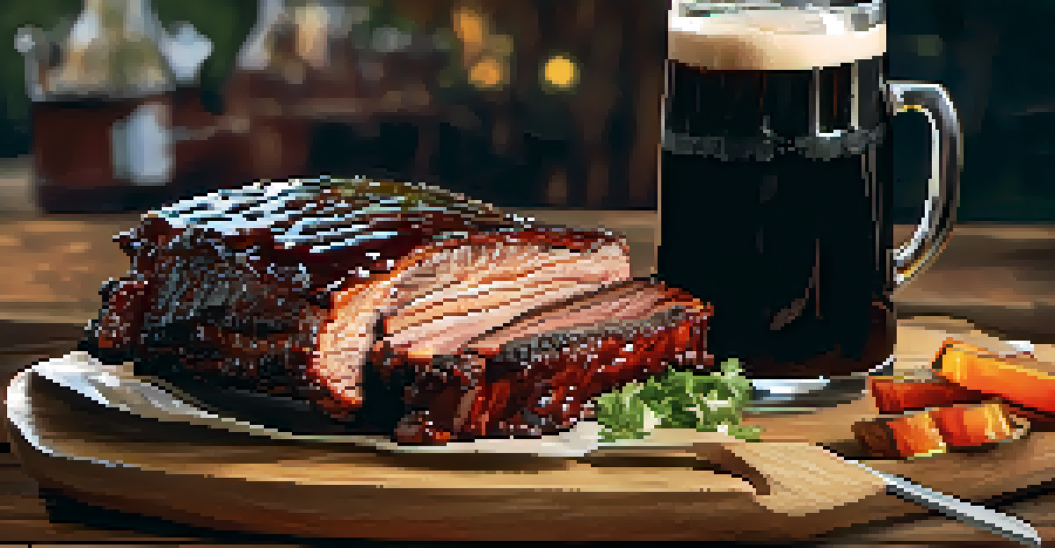 A BBQ rib glazed with barbecue sauce on a wooden board, accompanied by a glass of stout beer and sides of coleslaw and pickles.