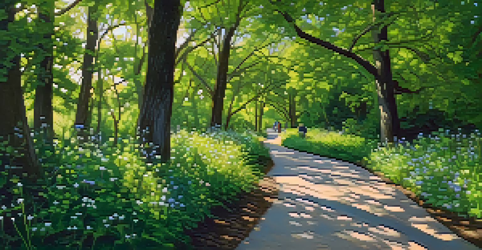 Walking path in Tifft Nature Preserve with greenery and wildflowers, where visitors are observing birds.