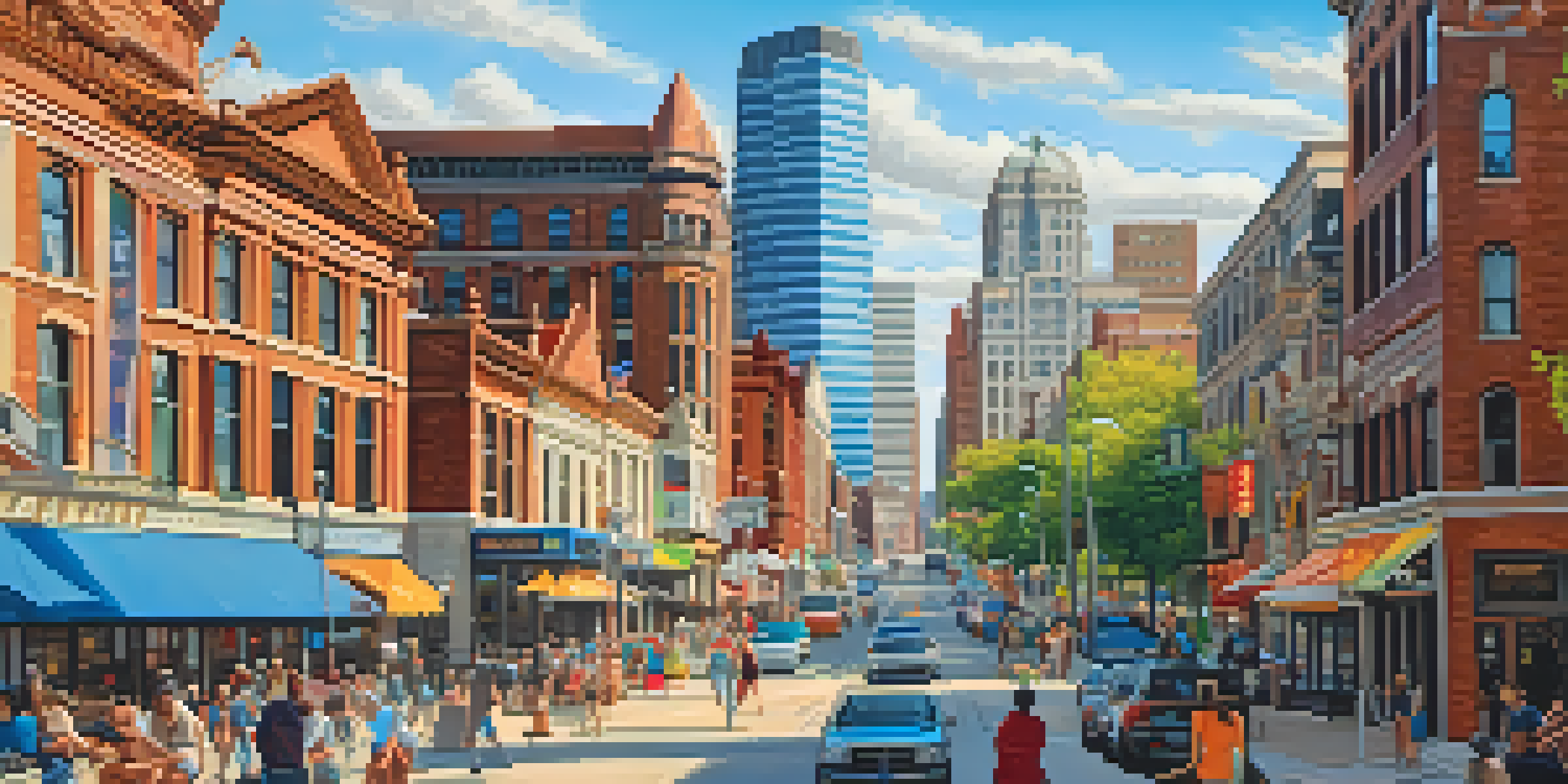 A colorful cityscape of Buffalo with modern and historical architecture, busy streets, and a clear blue sky.