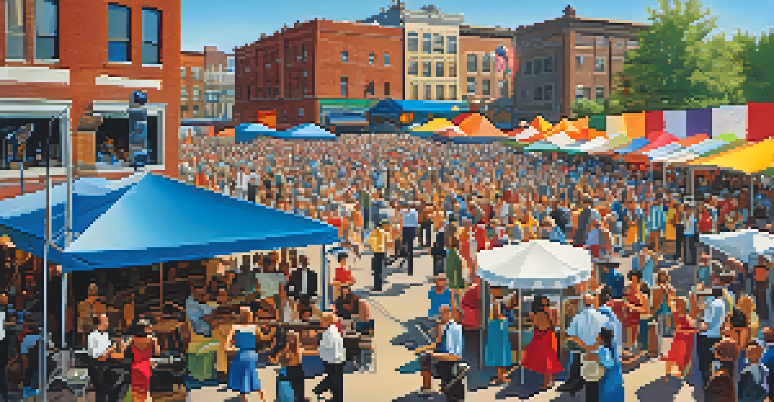 A vibrant outdoor jazz festival in Buffalo with a diverse audience enjoying live music and food stalls.