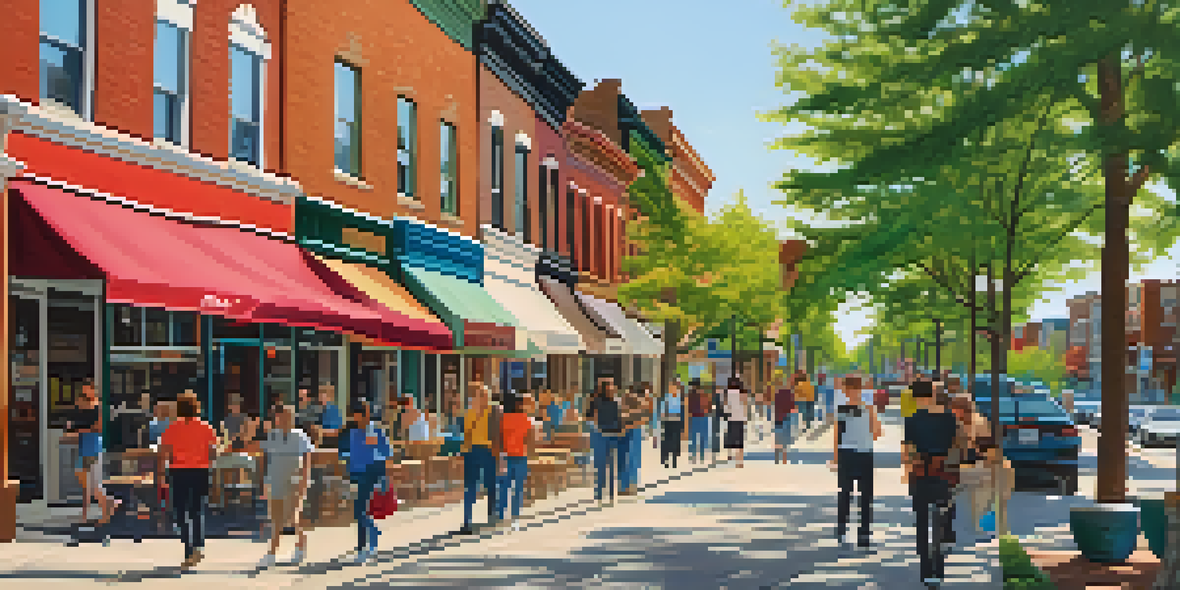 A lively street in University Heights with students walking past cafes and shops under a sunny sky.