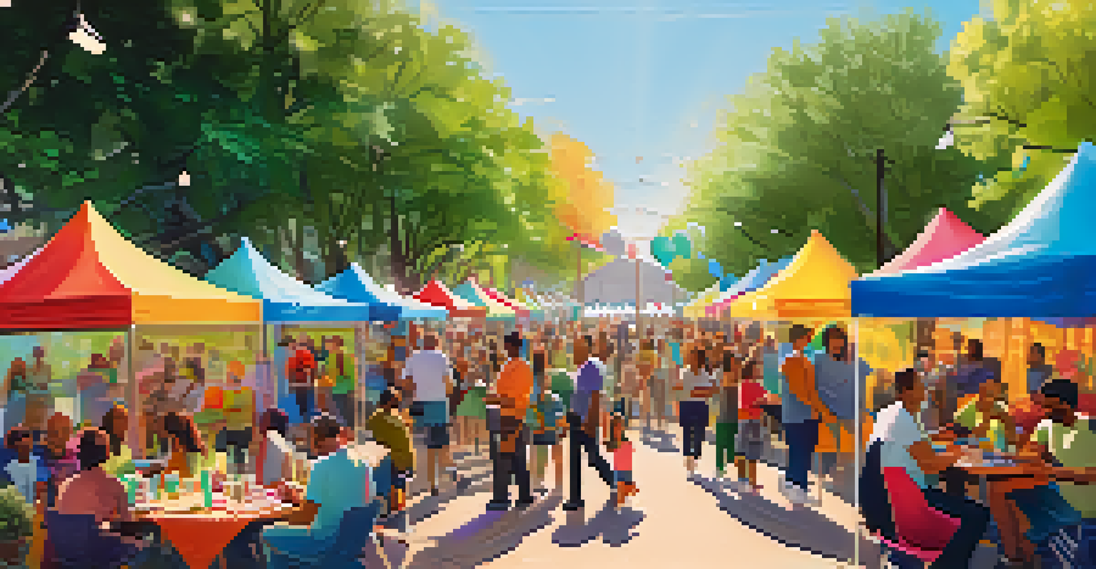 An outdoor community event with booths for mental health awareness, colorful decorations, and people interacting.
