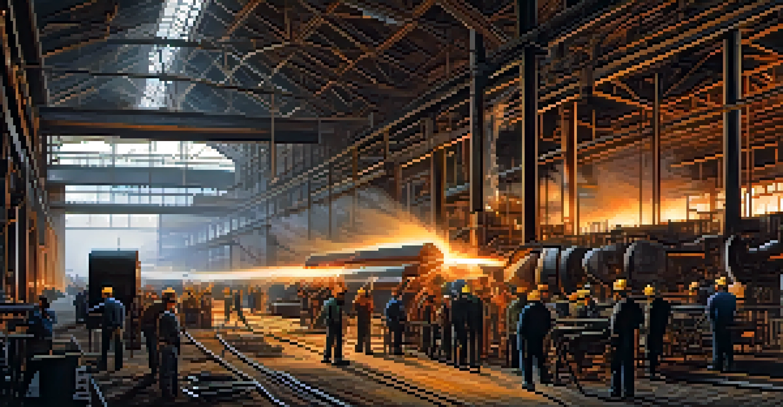 An interior of a steel factory in Buffalo, showing workers and machinery, with a warm industrial glow and sparks from welding.
