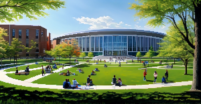 A scenic view of the University at Buffalo featuring students and green spaces under a clear blue sky.