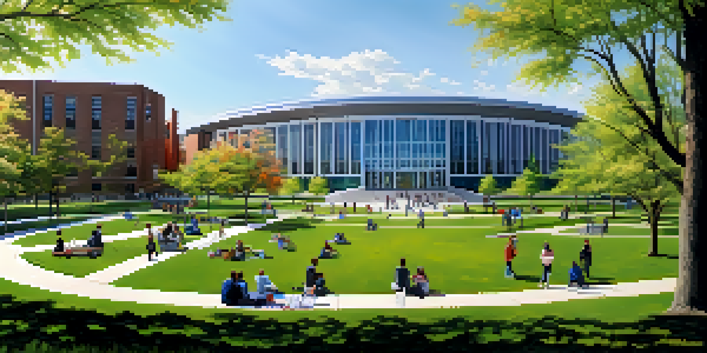 A scenic view of the University at Buffalo featuring students and green spaces under a clear blue sky.
