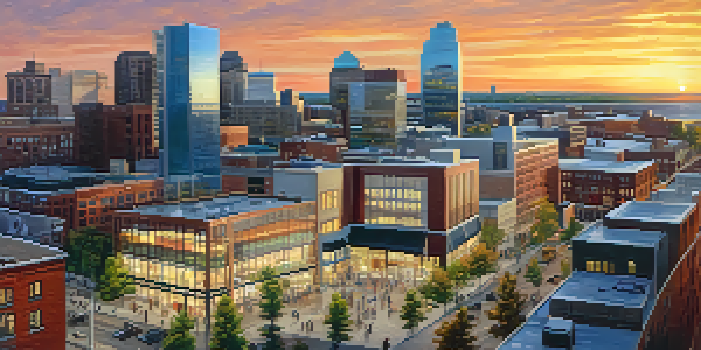 A panoramic view of Buffalo's Innovation District during sunset, featuring modern glass buildings and street art, with people engaging in outdoor activities.