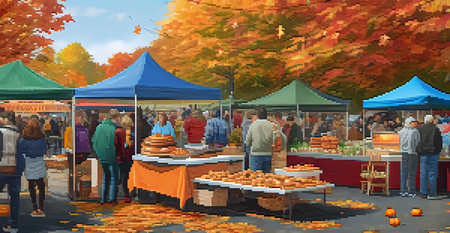 A food stall at a Buffalo harvest festival displaying seasonal dishes like pumpkin soup and apple cider donuts, decorated with autumn themes.