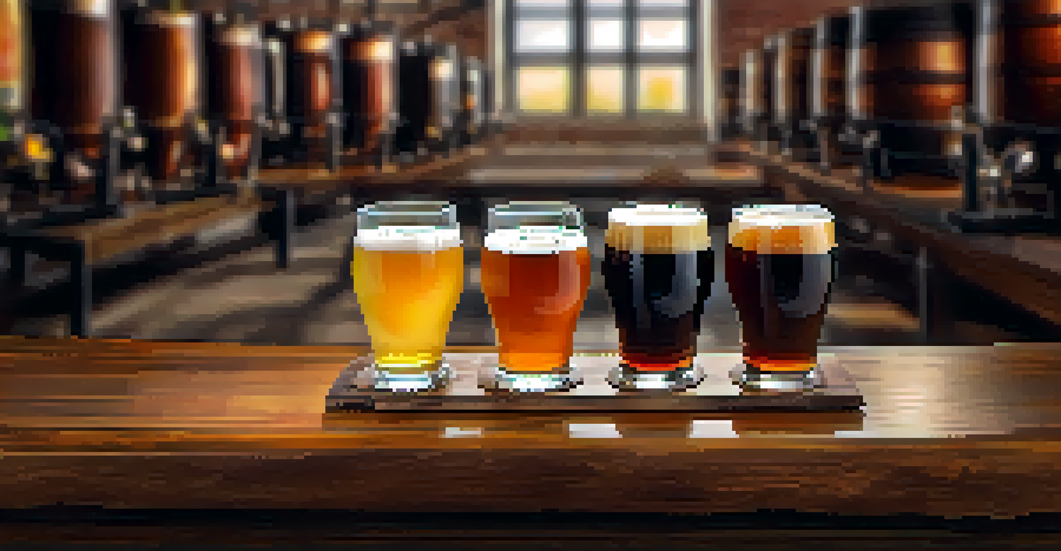 A close-up view of a craft beer flight with four small glasses of different colors, placed on a wooden table.