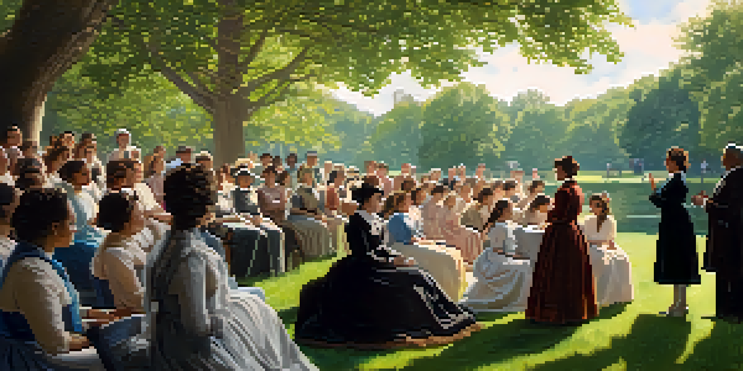 Frances Willard speaking to a diverse group of women in a park, surrounded by trees and sunlight, showcasing determination and hope.