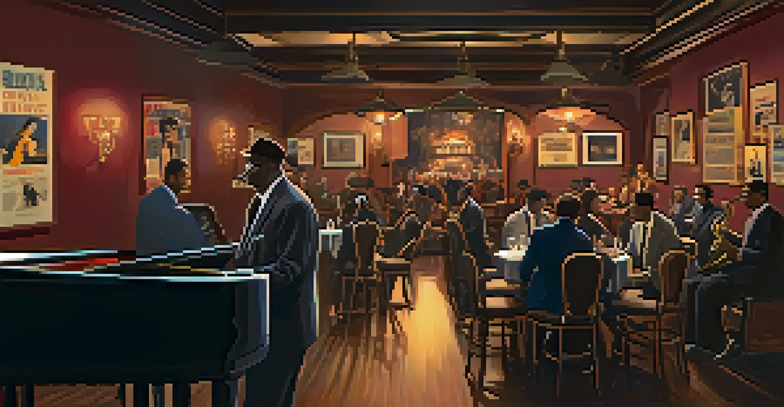 The interior of a cozy jazz club with a grand piano and saxophonist on stage, vintage posters on the walls, and patrons enjoying the performance at small tables.
