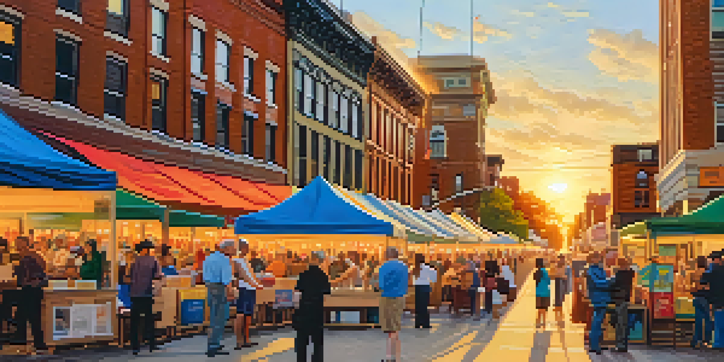 A bustling literary festival in Buffalo with colorful tents, diverse attendees, and a warm sunset lighting up the scene.