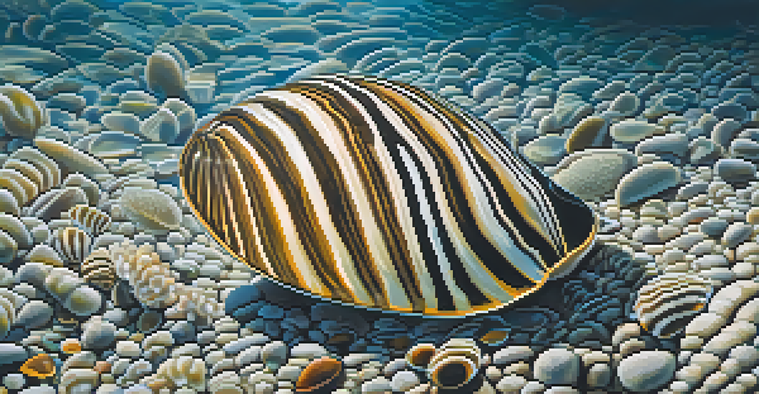 A close-up of a zebra mussel on a rock in clear water, highlighting its detailed patterns and surrounded by aquatic plants.