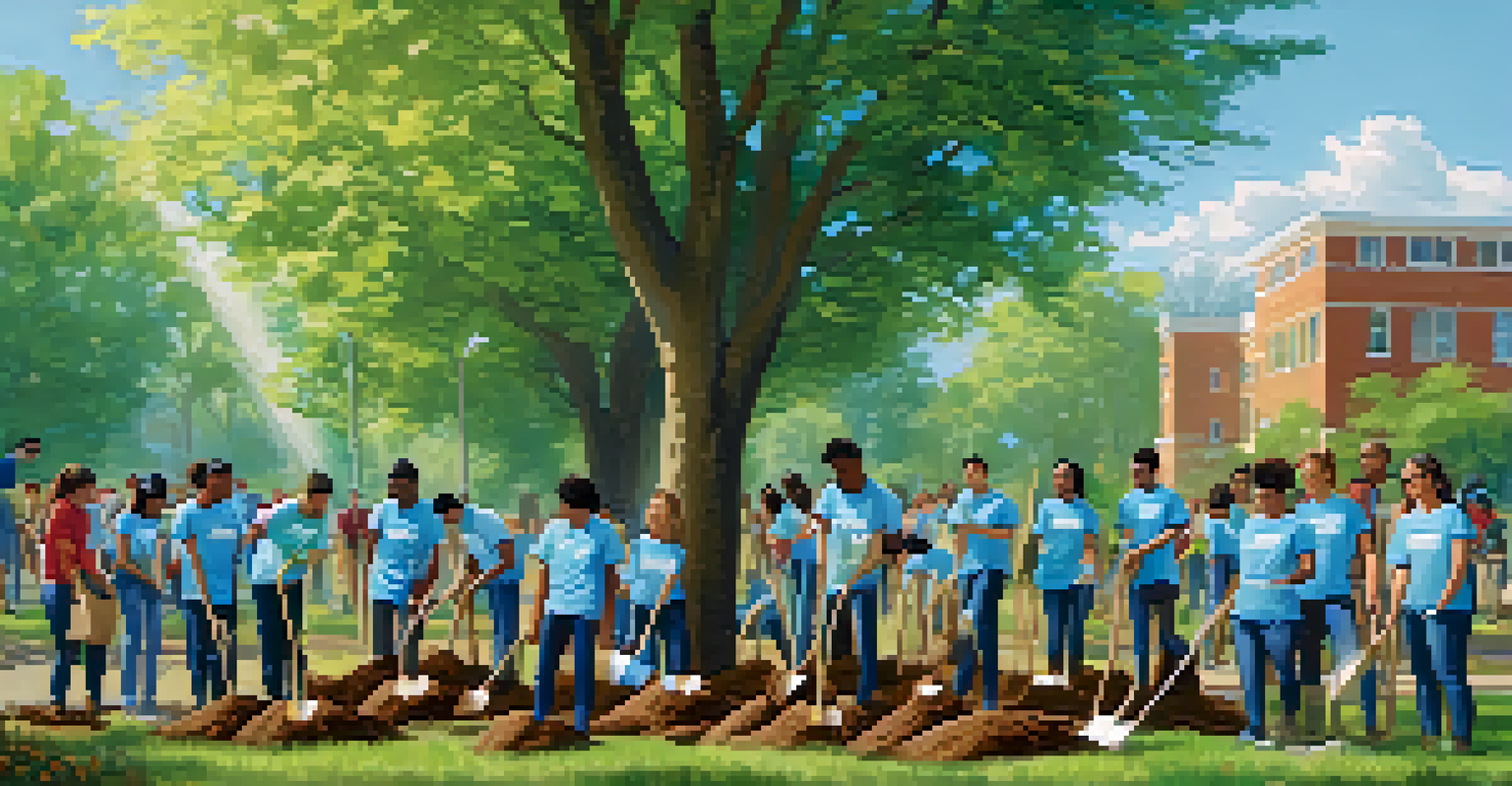 University students participating in a tree planting event in a local park, working together with shovels and saplings, while community members look on.