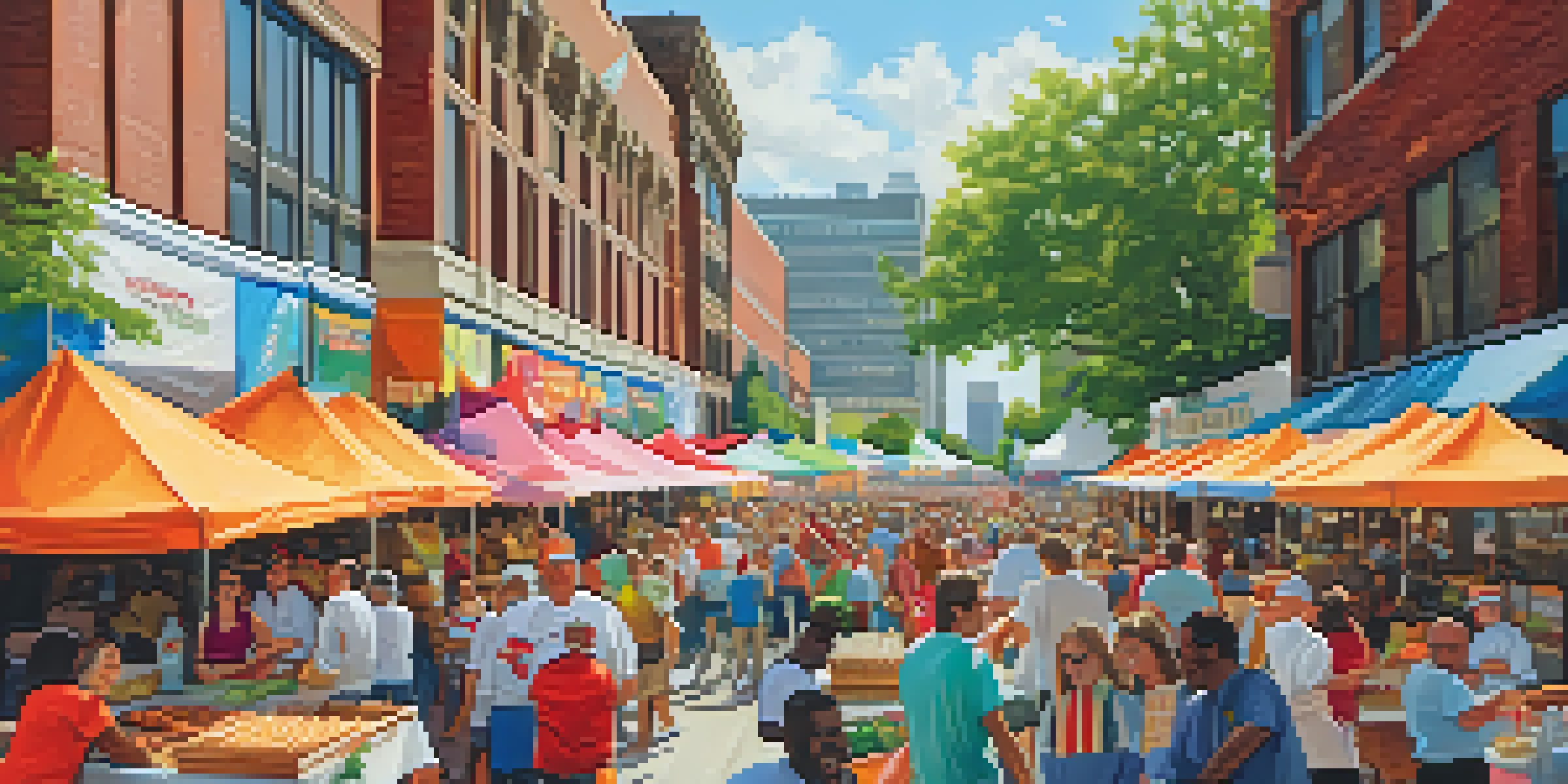 An outdoor food festival in Buffalo with colorful food stalls, chefs cooking, and people enjoying meals.